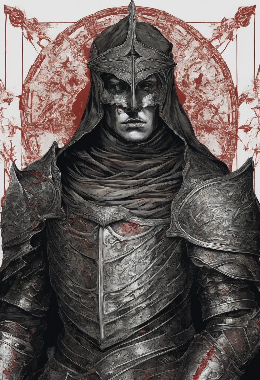 Illustration based on the referenced medieval fantasy knight. The knight is in the same position, wearing a full silver armor. The chestplate is adorned with laurel designs reminiscent of the Romans. His gauntlets and boots are crafted from the same silver metal as the rest of the armor. He is draped with a flowing red cape. The face of the shield, which is next to him, displays the visage of a beautiful woman with wavy hair, while maintaining the rest of the original image's details.