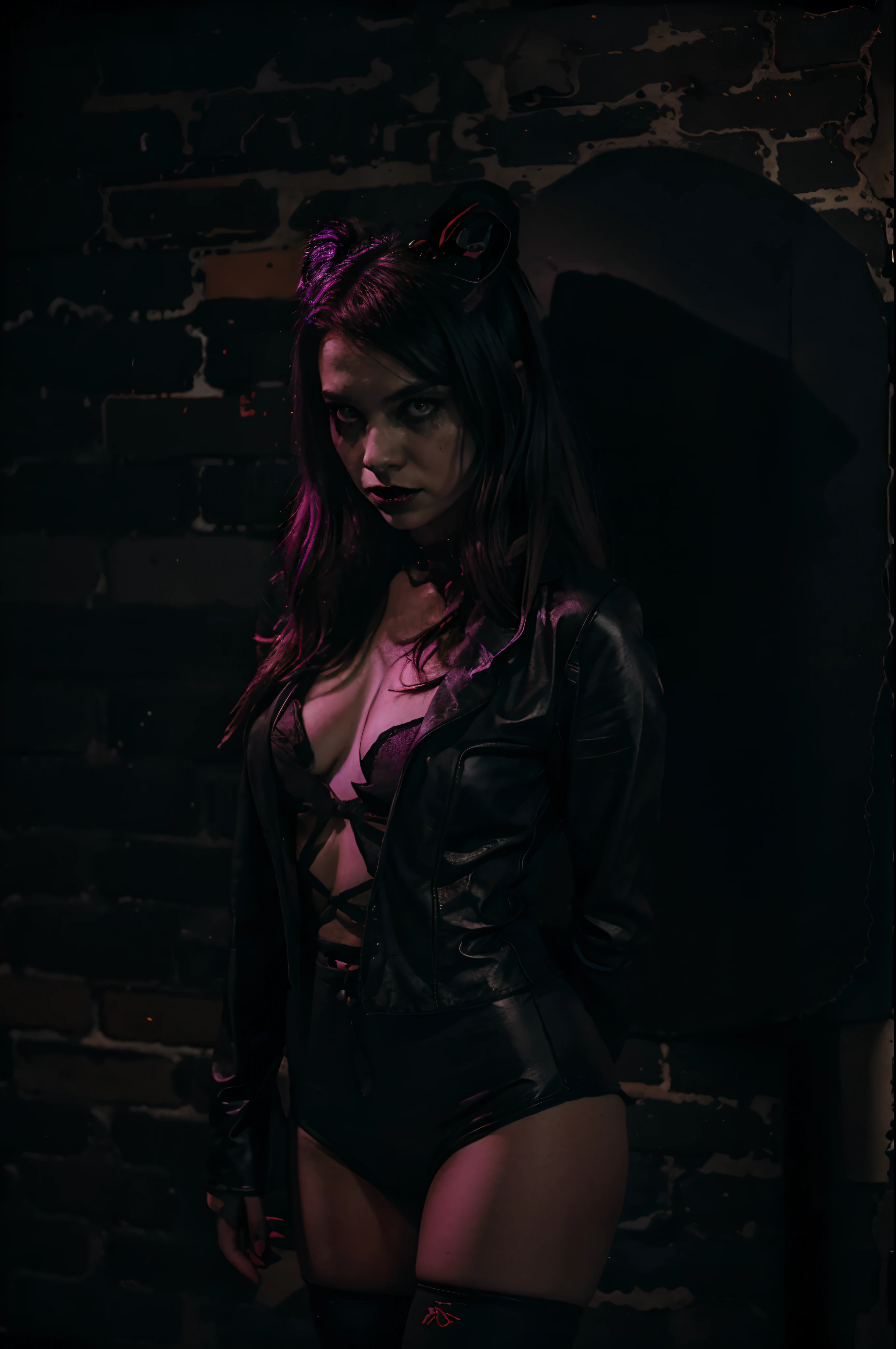 A Vampire girl wearing a 90s style stands in a dark brick background. Halloween vivid colors of goth and pop against the darkness, giving it a retro vibe. To enhance the atmosphere, neon lights in various neon colors surround the girl, casting an eerie glow. The lights create a surrealistic feeling, reminiscent of a horror movie. The girl's silhouette is mysterious, partially illuminated adding to the Halloween eerie ambiance. The background is adorned with abstract figures, giving it a haunting and supernatural touch. The overall scene exudes the aesthetics of both Halloween and synthwave, combining elements of horror and nostalgia.