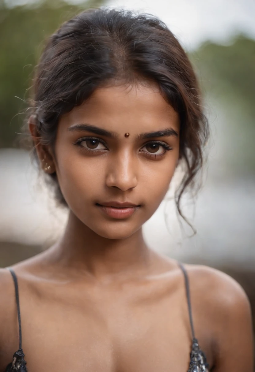 young adorable  indian girl , black hair , perfect body, ((innocent))), ((big eyes)), (messy hair:1.3), Skinny, (perfect small round breasts), wide shot, striking features, beauty, intricate details, dramatic composition,),tension, contrast, texture, realism, high-quality rendering, stunning art, high quality, film grain, Fujifilm XT3, acne, blemishes, detailed skin, freckled young, adorable, ((medium breasts)), (((soft chest))), black hair, (Pale skin), ((slight buckteeth))