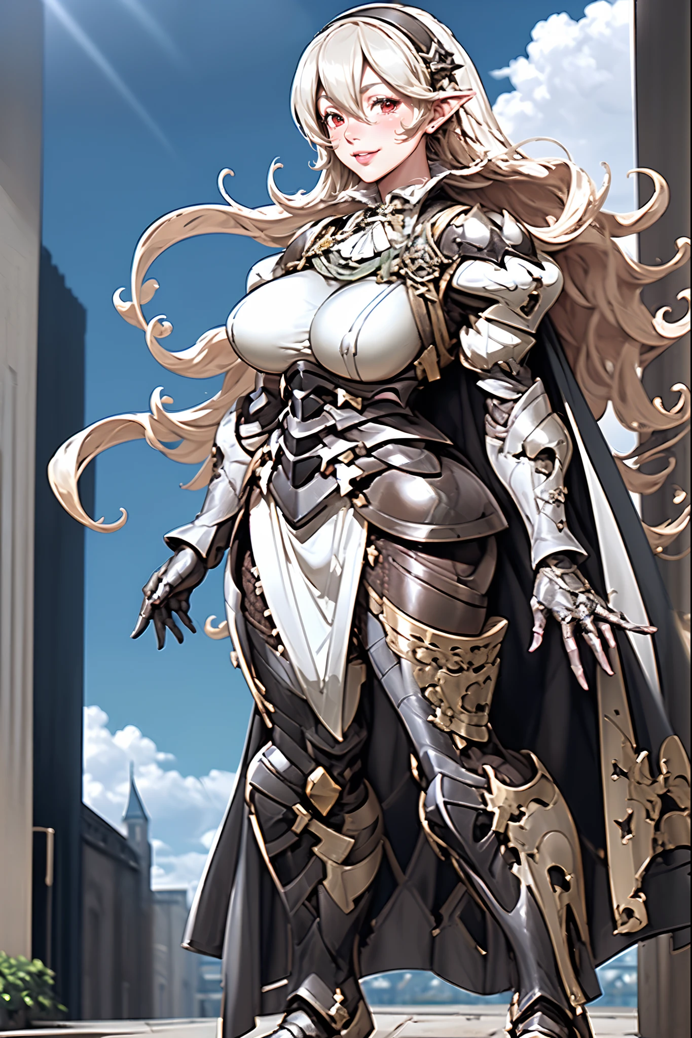 masterpiece, best quality, defCorrin, black hairband, armored dress, blue cape, puffy sleeves, juliet sleeves, vambraces, black gloves, armored legwear, upper body, looking at viewer, castle, gothic architecture, smile, sky, clouds, hands to heart, bimbo, huge breast, curvy, full body, boots