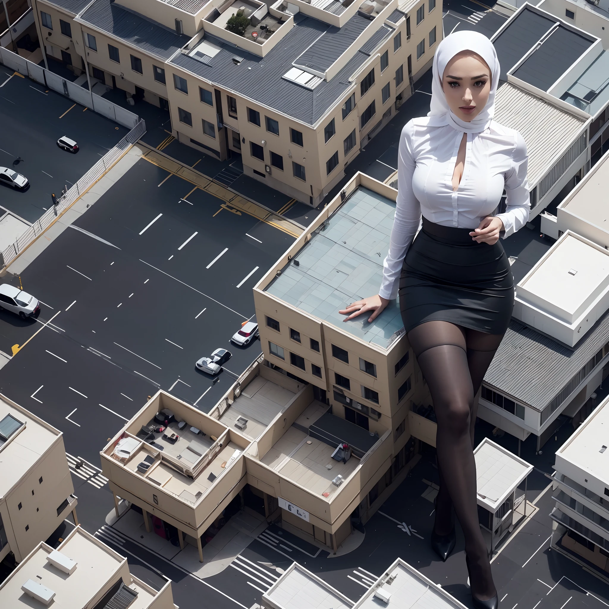 tallgts,giantess，Full body photo，BuildingSeat，White tight shirt，Big breasts，pencil skirts，black lence stockings，stiletto，(Long legs:1.2),Extremely tall girl，Above the house，Beautiful looks，Delicatemakeup，Perfect lighting，Cinematic quality，8K,High quality,(GTS:1.5),Aerial View，With tiny,  woman wearing hijab,