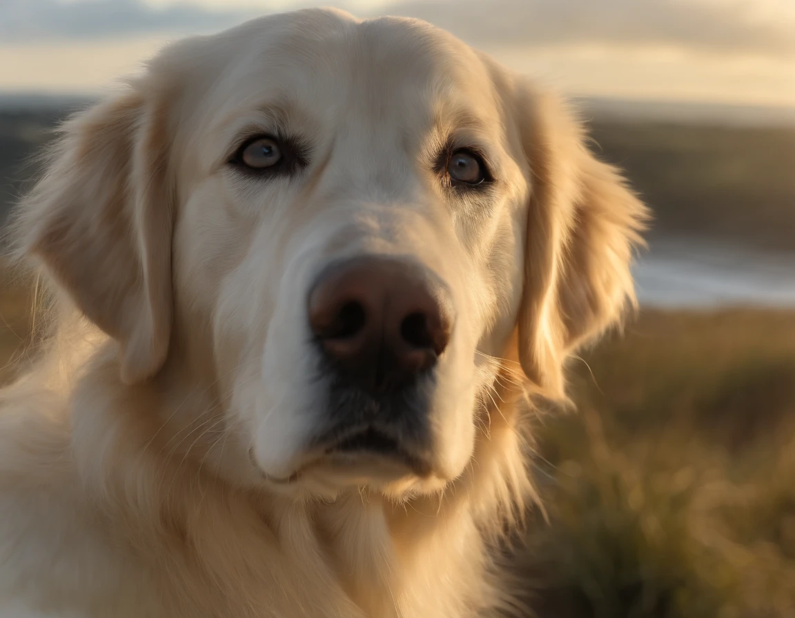 creme weisser Golden Retriever, Jung, Very Fine, am strand, (weisses fell:1.4), 8K, Extrem realistisch, gespannt, warm, Highly detailed, scharf, Professionell, 8K UHD