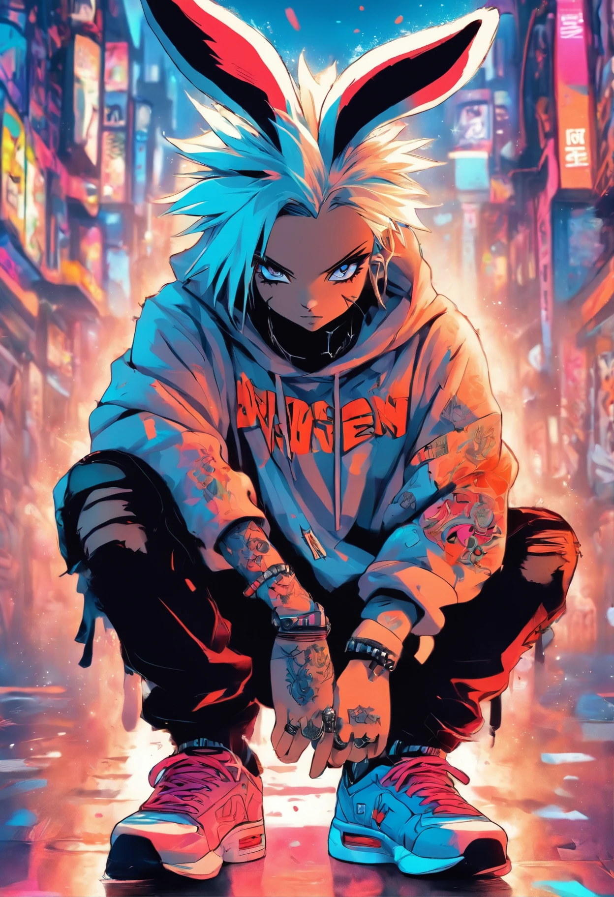 Cool and trendy rabbits, White hair, Blue eyes, Wear trendy hip-hop clothes, Wearing a hoodie, Graphic T-shirt and ripped jeans, Lots of tattoos and piercings, Doodle style background, Highly detailed background, perfect masterpiece, High quality, High resolution