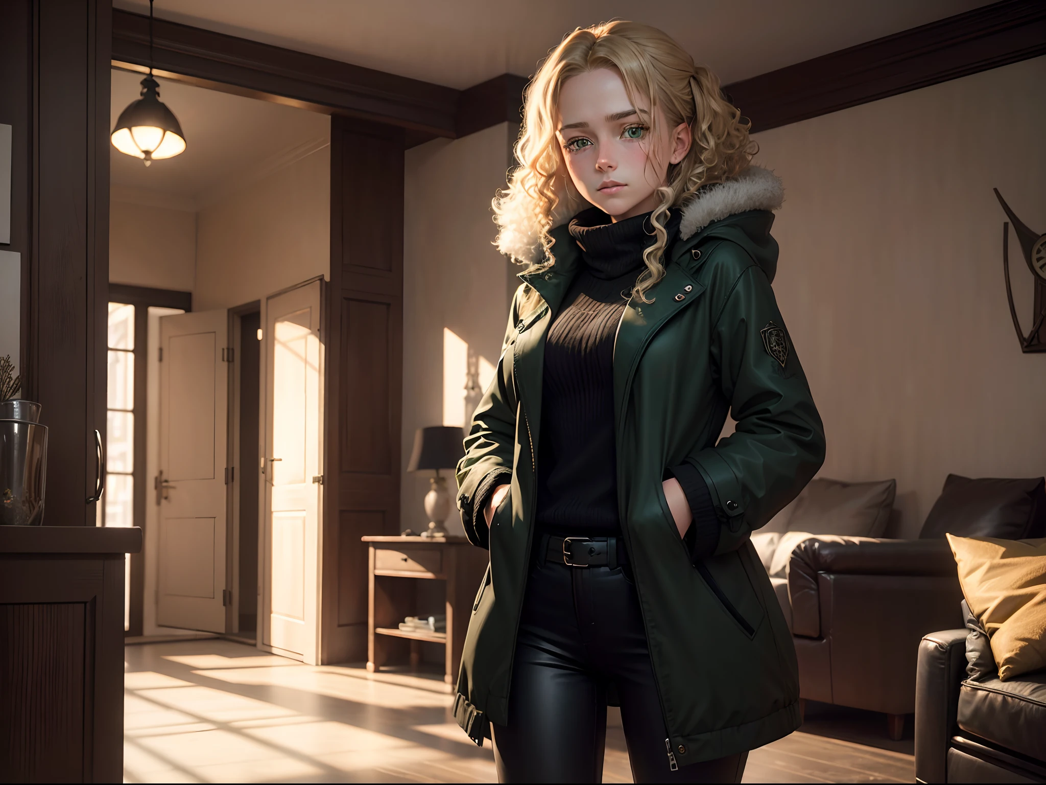 realistic, 8k image of a 15 year old girl, curly blonde hair, gorgeous, extremely detailed green eyes, dressed in a black coat and black pants, uncertain expression, standing in a living room of a German house, winter morning, anime style art