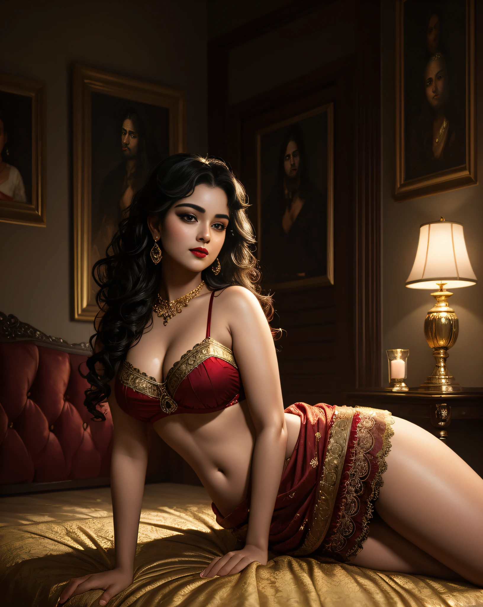 (masterpiece portrait photography:1.4) of a alluring sexy curvy plump malayali Lizzy Thomas, posing on an ornate bed, ornate gold bralette & lace saree, red accents, candles everywhere, glistening skin, (curly wavy backlit hair), glossy red lips, lustful glance, sinful intentions, (captivating kohl lined eyes:1.3) , (seductive expression:1.3) red & gold bedroom, soft dramatic lighting, ornate room, depth of field, backlit, light rays, highly detailed, trending on artstation, paint splashes, rich colour, candlelight, seductive portrait, by Ron hicks