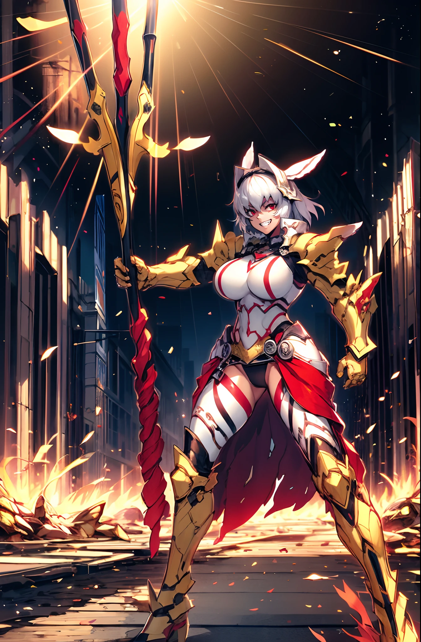 4k, highly detailed, anime style, HDR, subsurface scattering, in a temple, temple being destroyed, Greek temple on fire background, (masterpiece, best quality:1.2), caenis,( fgo stage 3), 1girl, big breasts, looking at fires, smile, short hair, white hair, bangs, red eyes, animal ears, open clothes, hairband, grin, (gold armor), body markings, white nails, epic scene, tall girl,full body, darskinned-female, , standing, musclegirl, forest, staff holding, posing