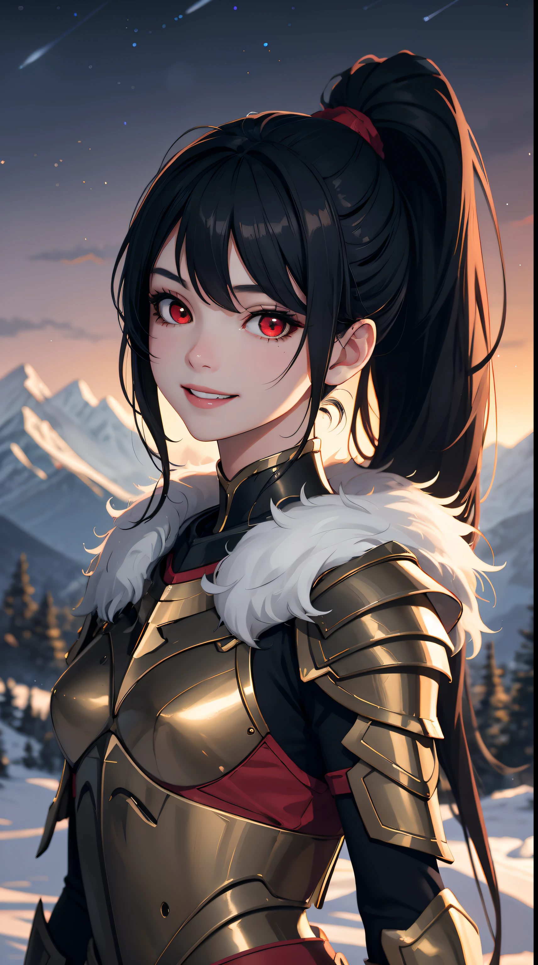 vibrant colors, girl, masterpiece, sharp focus, best quality, depth of field, cinematic lighting, ponytail, black hair, red eyes, fur armor, mountain, bright smile, night sky,