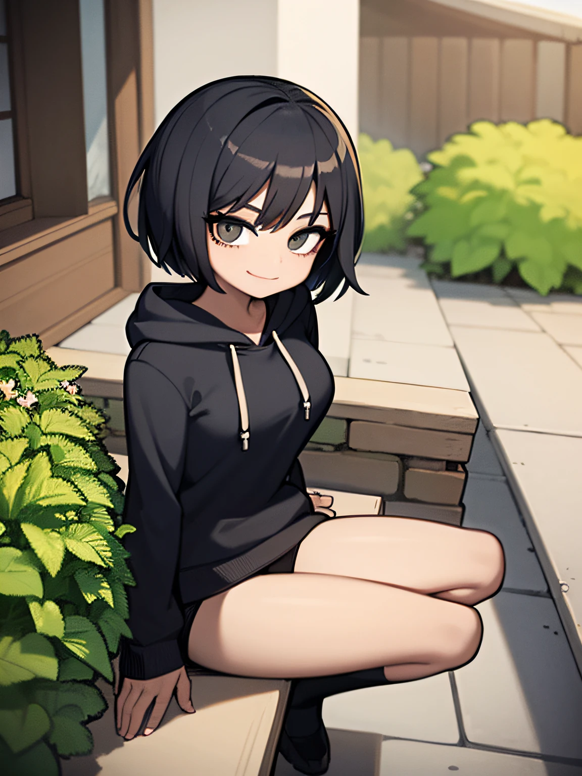 ((masterpiece, best quality)), (1girl), (solo), (female focus), (black hair, short hair), black eyes, dynamic pose, at peace, smiling, hoodie, black hoodie, sitting down, calm