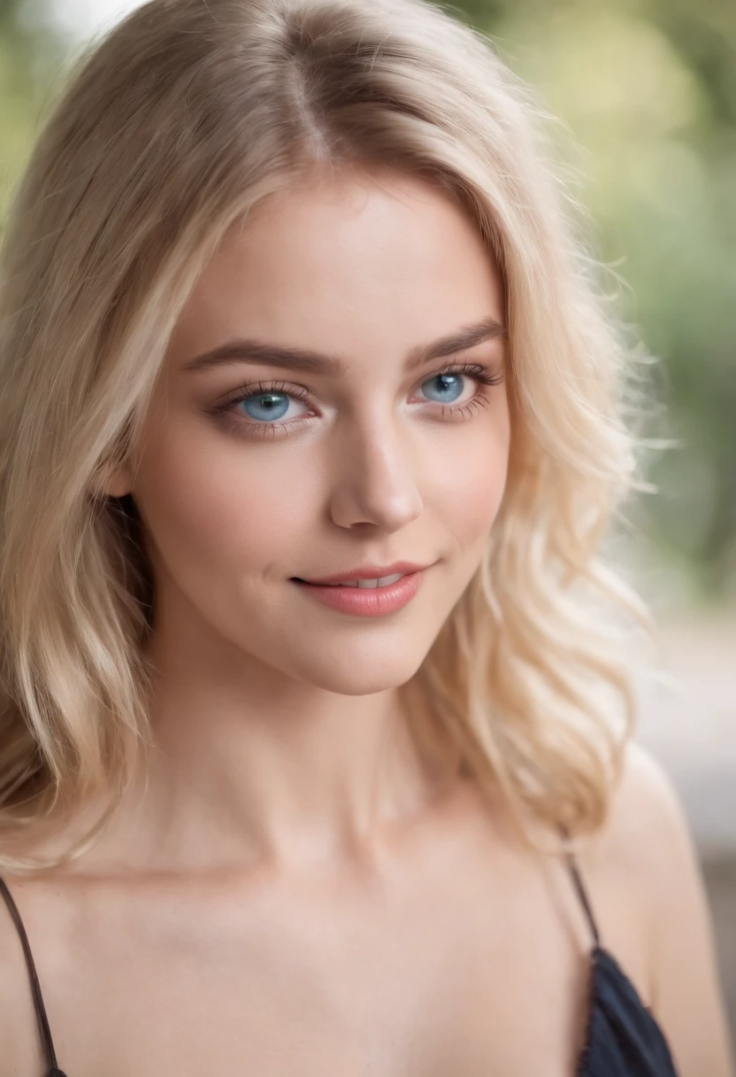 fille, Realstic, blonde, 19ans, sexy, blue eyes, smiling, seins assez gros mais pas trop,Portrait with makeup and highlights her cleavage