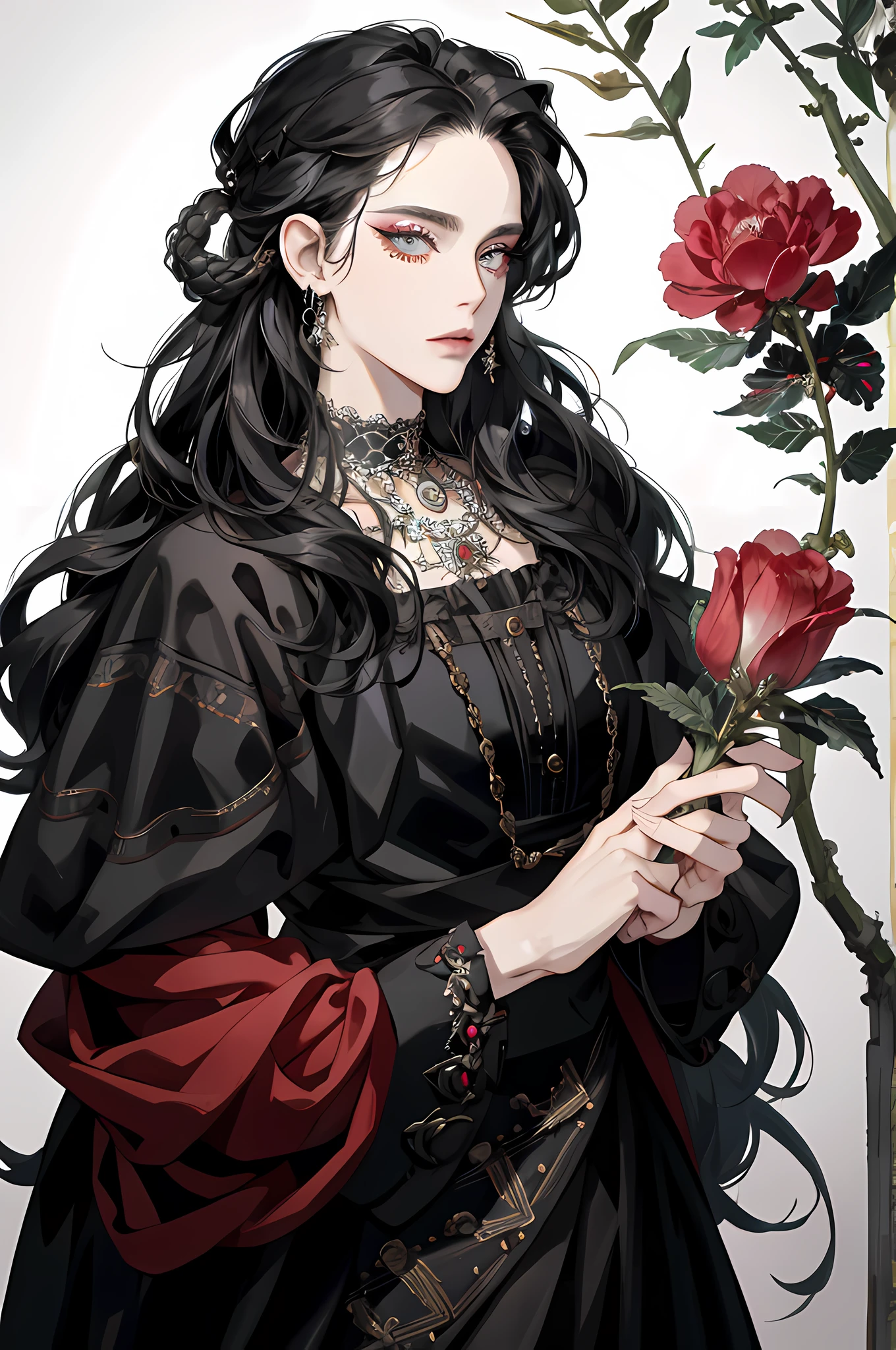 (masterpiece:1.2、top-quality)、(Live Action、Intricate details)、aristocracy, lady, upper body, standing, long black hair, Dramatic makeup, Punk rock music、Counterculture icons avant-garde art movements,