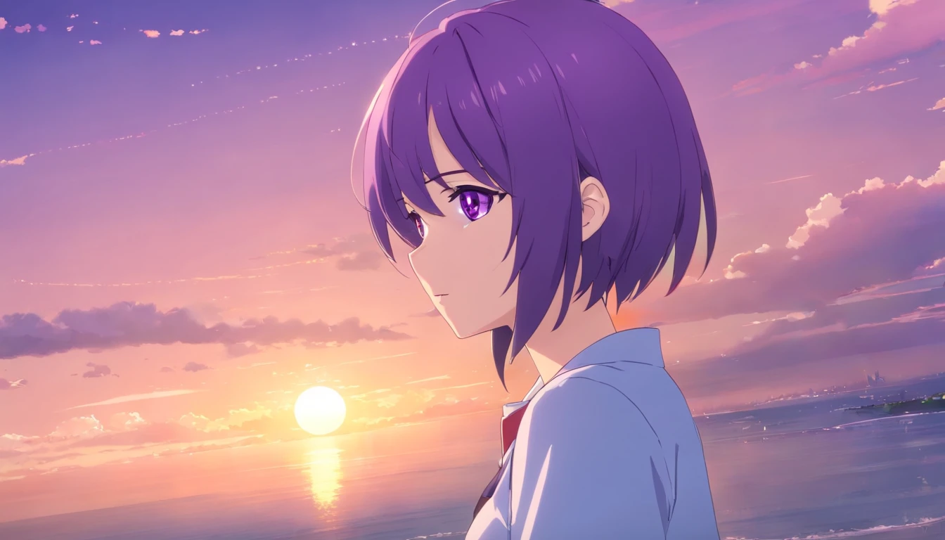 2D, Masterpiece, Best quality, anime big breast, Highly detailed, 1girll, Solo, Yuri, Purple eyes, Purple hair, hair between eye, hair pin, school uniform, Jan Dere face