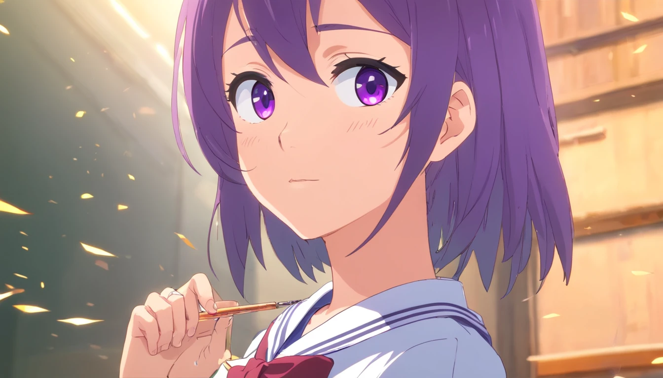 2D, Masterpiece, Best quality, anime big breast, Highly detailed, 1girll, Solo, Yuri, Purple eyes, Purple hair, hair between eye, hair pin, school uniform, Jan Dere face