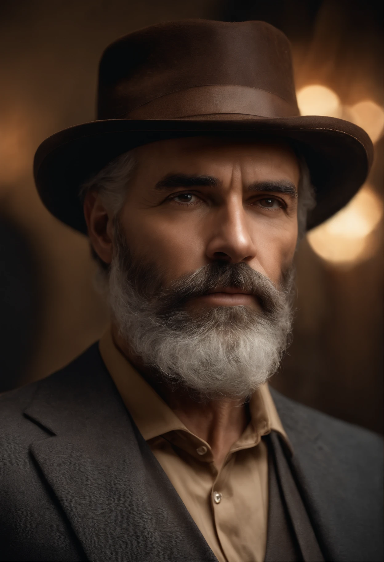 pedro,medium:oil painting,(best quality,4k,8k,highres,masterpiece:1.2),ultra-detailed,(realistic,photorealistic,photo-realistic:1.37),portrait,serious expression,bearded man,aged man,dark eyes,weathered skin,facial wrinkles,gray hair,elegant suit,brown hat,closed lips,strong jawline,studio lighting,vivid colors,warm tones,subtle shadows,concentrated gaze,aged hands,fine brushwork,detailed texture,traditional background,impressive background detail