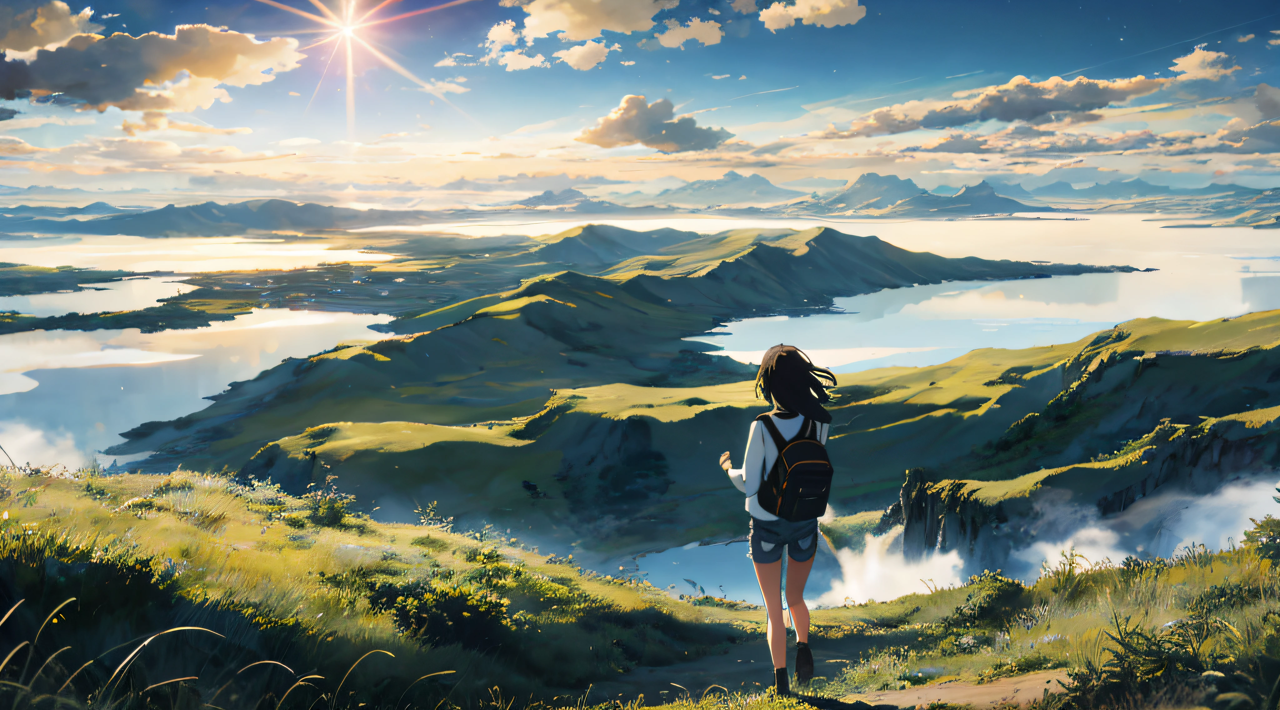 The vast sky, beautiful skyline, large grasslands, extremely tense and dramatic pictures, moving visual effects, the high-hanging Polaris, and colorful natural light. Long-sleeved top, denim shorts, and a girl with a backpack.