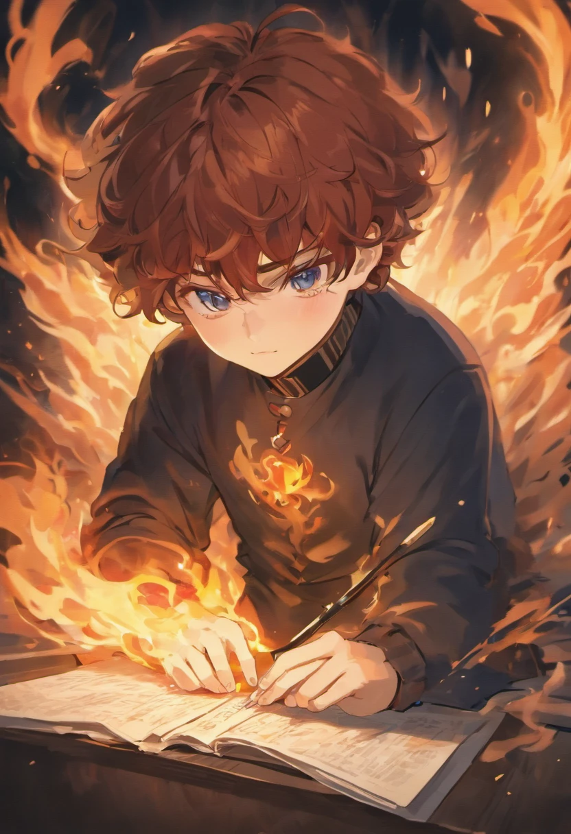 (best quality,4k,highres,masterpiece:1.2),ultra-detailed,realistic,portrait,curly-haired man,sitting intently,looking at a paper,which is on fire