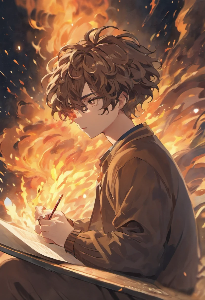 (best quality,4k,highres,masterpiece:1.2),ultra-detailed,realistic,portrait,curly-haired man,sitting intently,looking at a paper,which is on fire