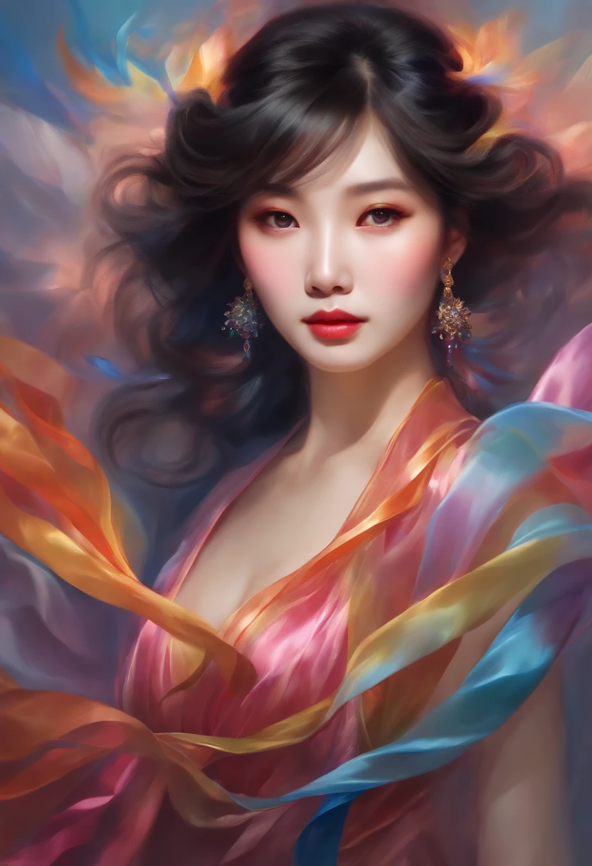 Chinese woman, face close-up, soaring female figure made of ribbons, smoke, in the sky, colorful and bright, mystical colors, modern impressionism, portraiture Yanjun Cheng, iridescent painting, 3/4 perspective view, cute face, low angle, wide swirling composition, big beautiful crystal eyes, large iris, UHD, HDR, 8K, (Masterpiece: 1. 5), (World's most beautiful portrait: 1.5)