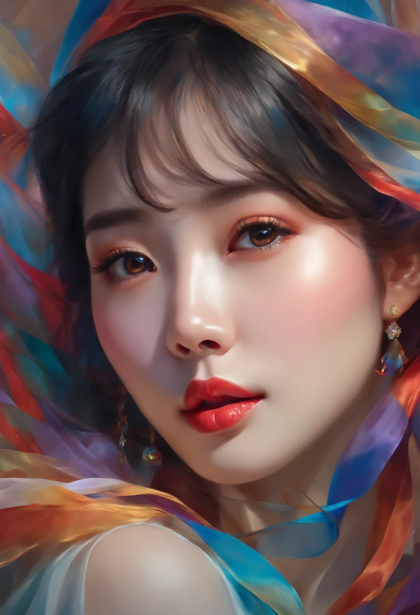 Chinese woman, face close-up, soaring female figure made of ribbons, smoke, in the sky, colorful and bright, mystical colors, modern impressionism, portraiture Yanjun Cheng, iridescent painting, 3/4 perspective view, cute face, low angle, wide swirling composition, big beautiful crystal eyes, large iris, UHD, HDR, 8K, (Masterpiece: 1. 5), (World's most beautiful portrait: 1.5)