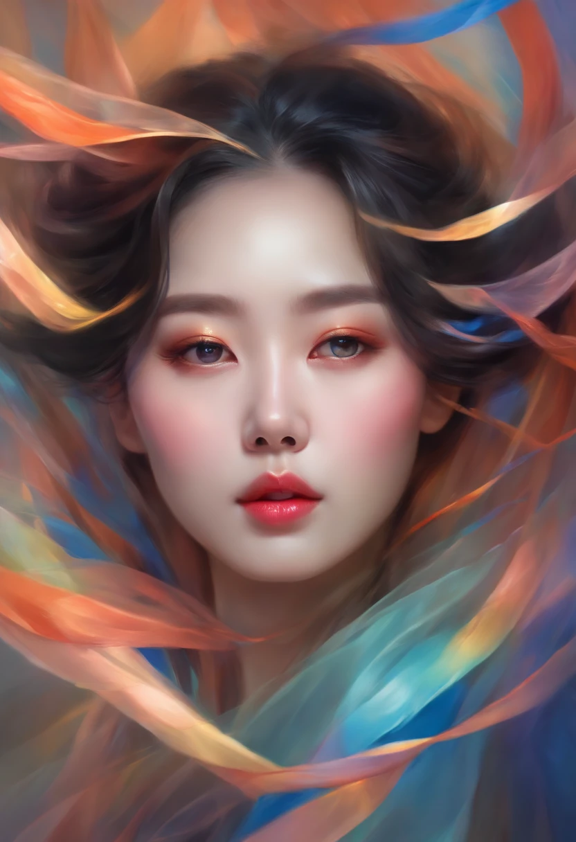 Chinese woman, face close-up, soaring female figure made of ribbons, smoke, in the sky, colorful and bright, mystical colors, modern impressionism, portraiture Yanjun Cheng, iridescent painting, 3/4 perspective view, cute face, low angle, wide swirling composition, big beautiful crystal eyes, large iris, UHD, HDR, 8K, (Masterpiece: 1. 5), (World's most beautiful portrait: 1.5)