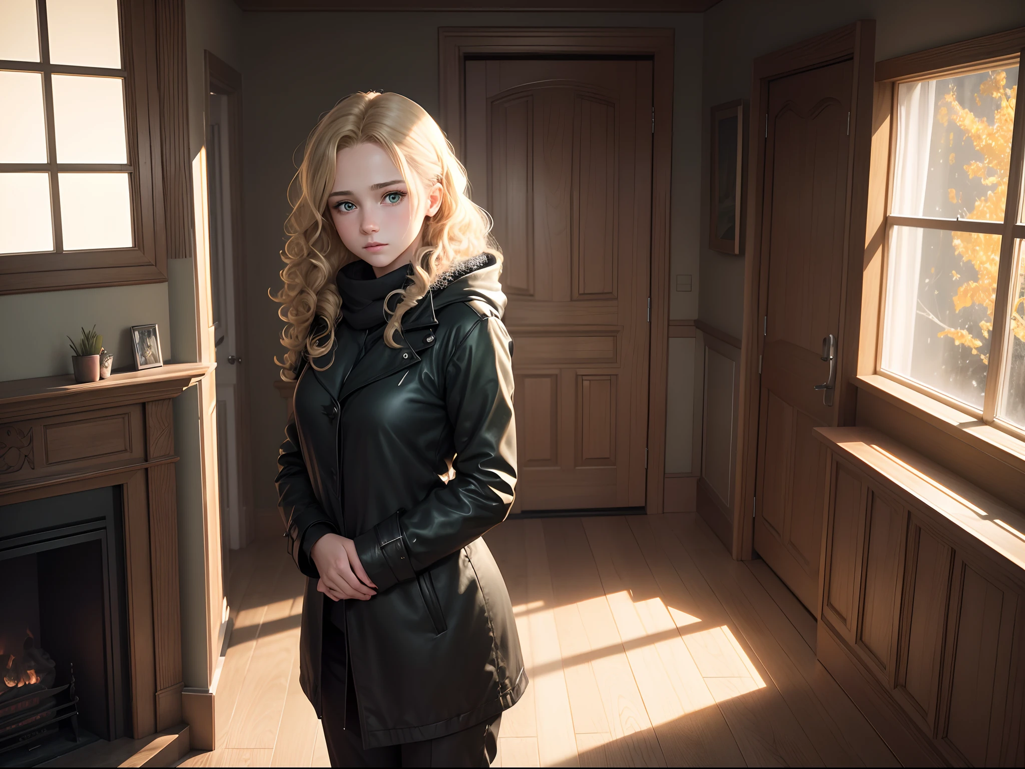 realistic, 8k image of a girl, curly blonde hair, gorgeous, extremely detailed green eyes, dressed in a black coat and black pants, uncertain expression, standing in a living room of a German house, winter morning, anime style art