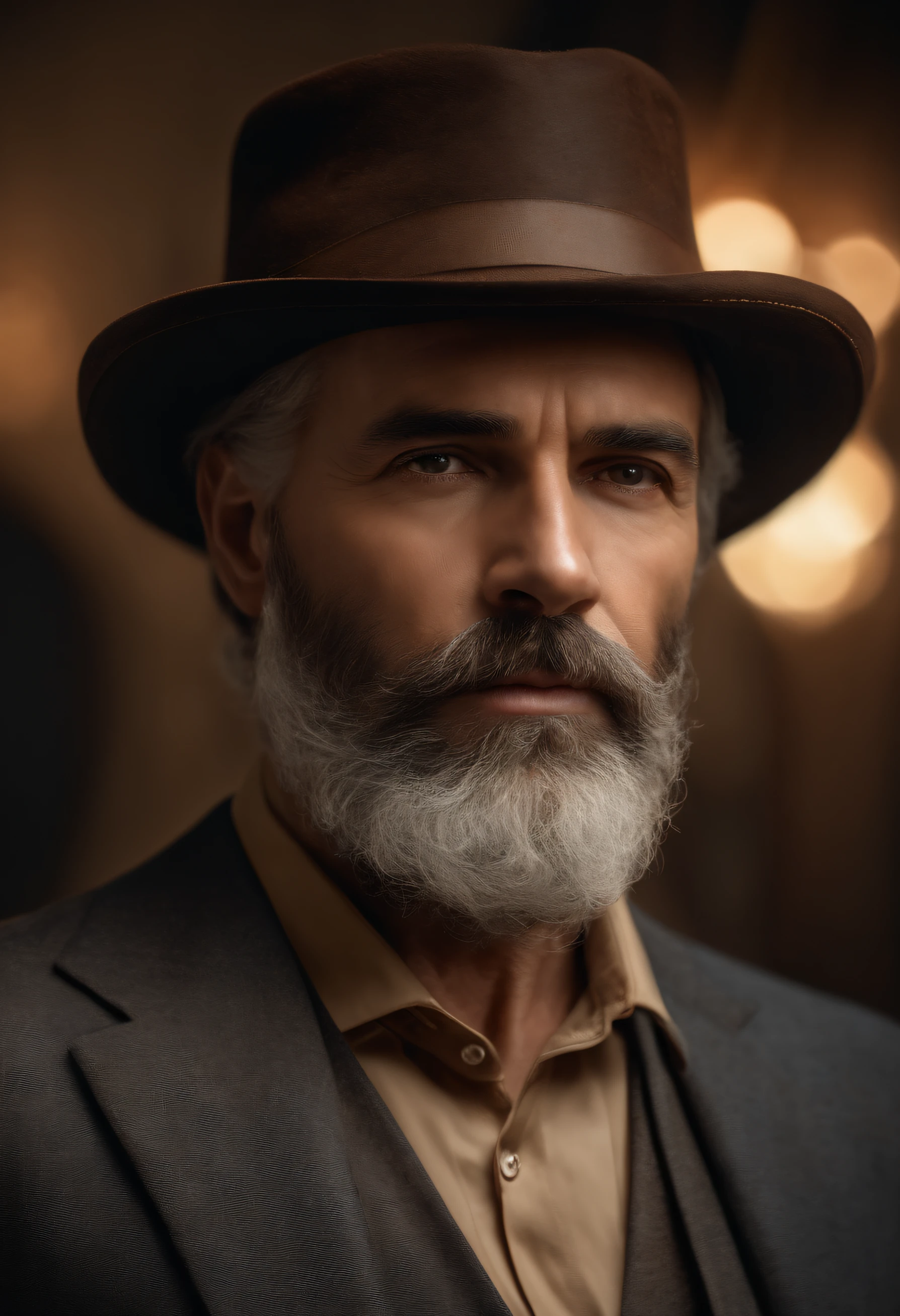 pedro,medium:oil painting,(best quality,4k,8k,highres,masterpiece:1.2),ultra-detailed,(realistic,photorealistic,photo-realistic:1.37),portrait,serious expression,bearded man,aged man,dark eyes,weathered skin,facial wrinkles,gray hair,elegant suit,brown hat,closed lips,strong jawline,studio lighting,vivid colors,warm tones,subtle shadows,concentrated gaze,aged hands,fine brushwork,detailed texture,traditional background,impressive background detail