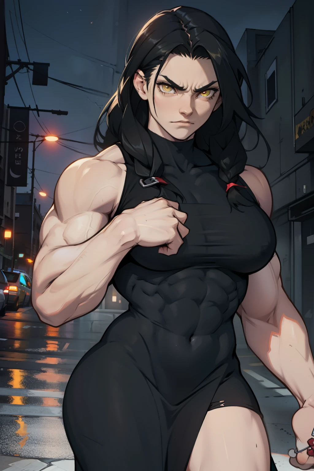 1 girl pale skin black hair yellow eyes long hair angry muscular toned body bodybuilder night dress