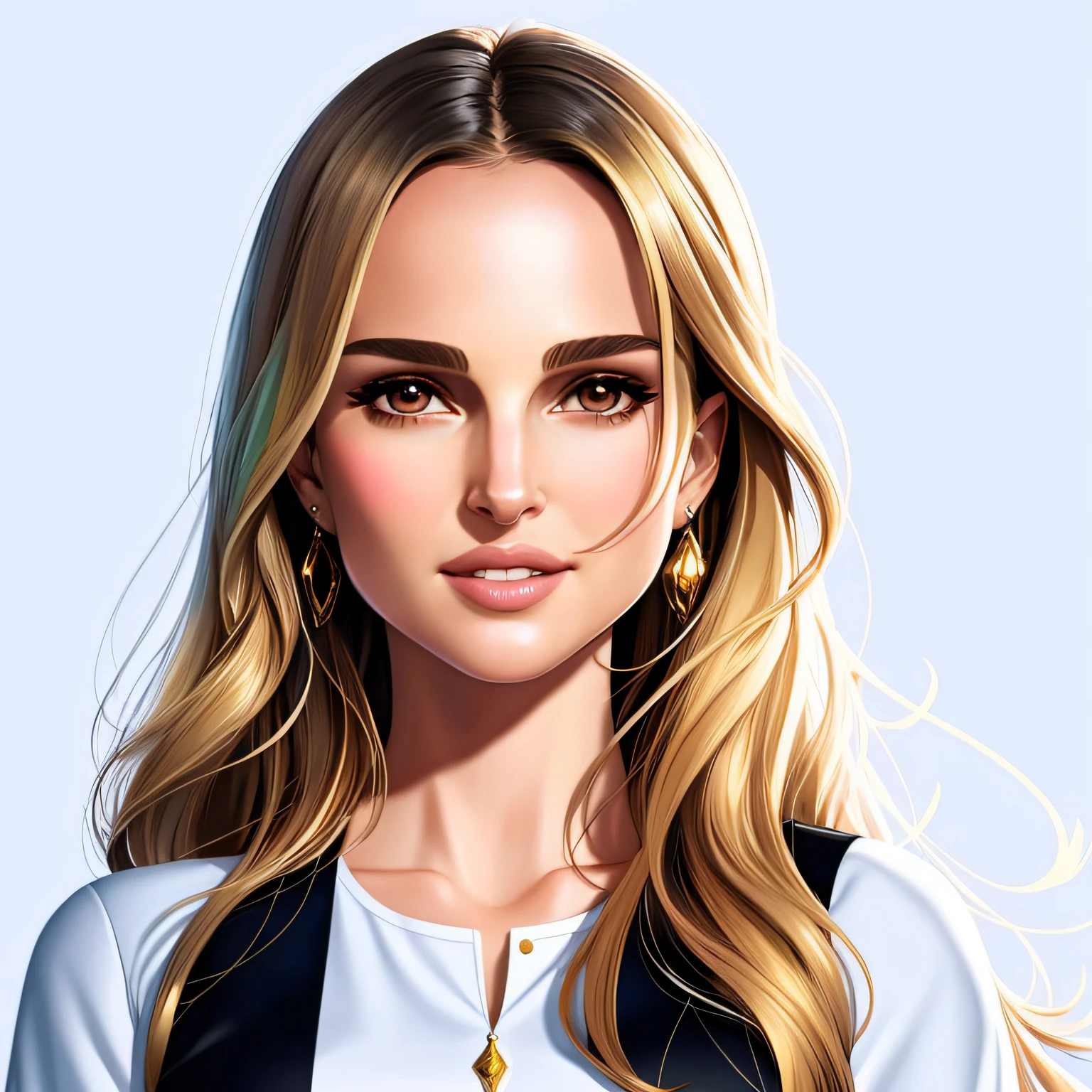 an ultrafine detailed Iridescent Painting,uo,flat vector art,hero girl,(Natalie Portman) beautiful anime style woman,Natalie Portman,smiling,Blonde hair,golden hair,glowing colors, wide angle, clean detailed faces, intracate clothing, analogous colors, glowing shadows, beautiful gradient, depth of field, clean image, high quality, high detail, high definition, Luminous Studio graphics engine, cute face, slim waist, nice hips,style of Artgerm