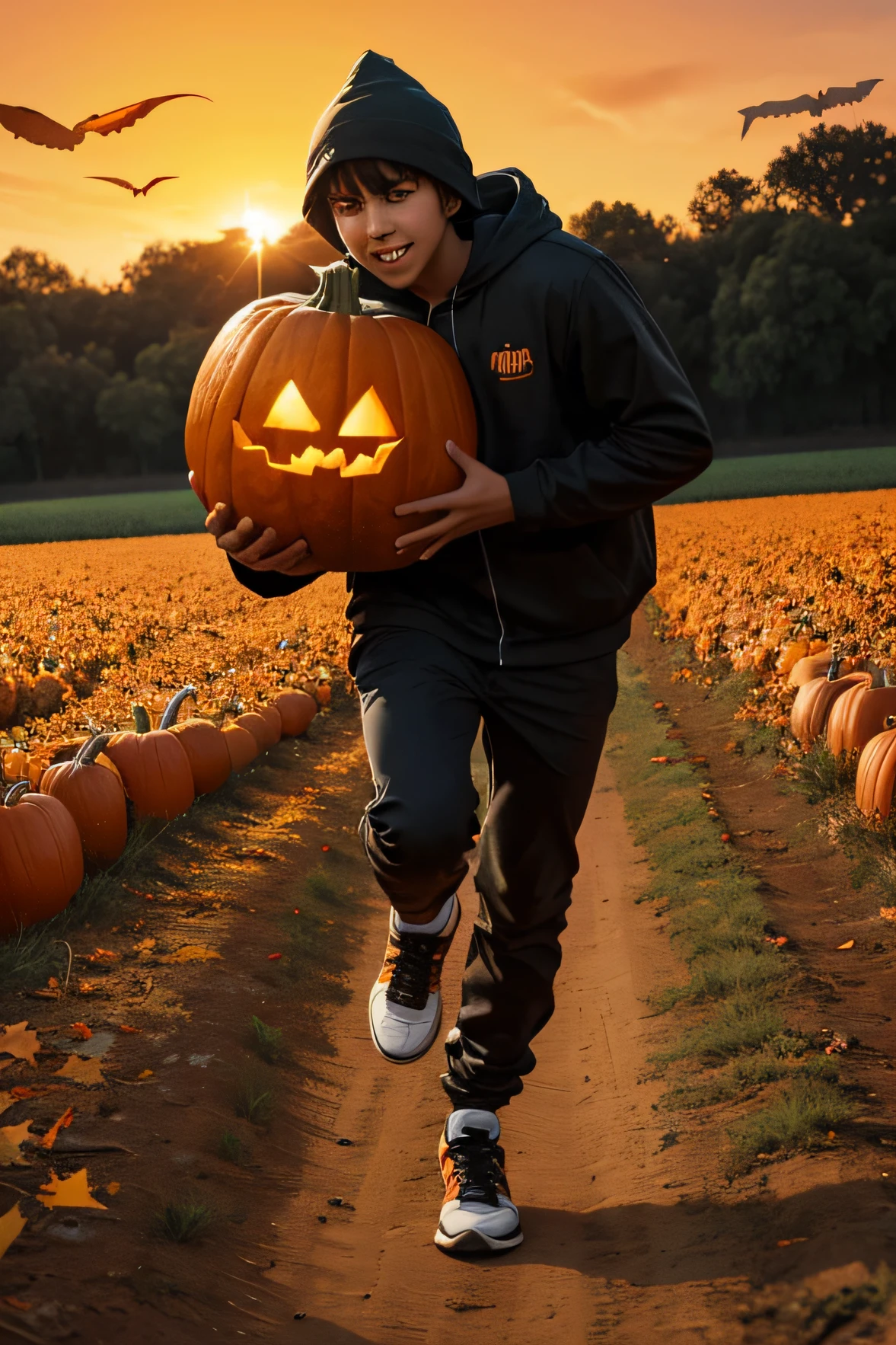 Teenage boy with green hair and pumpkin costume checking plants
