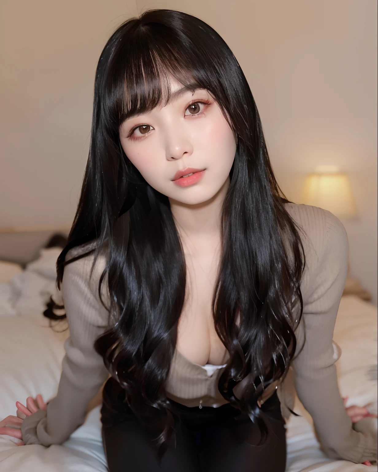 Asian woman araffed with long black hair sitting on a bed, cabelo comprido com franja completa, Ulzzang, cabelo preto longo com franja, cabelos escuros longos com franja, cabelos longos com franja, Ela tem cabelo preto com franja, preto hime corte cabelo, cruel korean goth girl, Asian girl with long hair, cabelo blackbangs cabelo, linda mulher coreana jovem