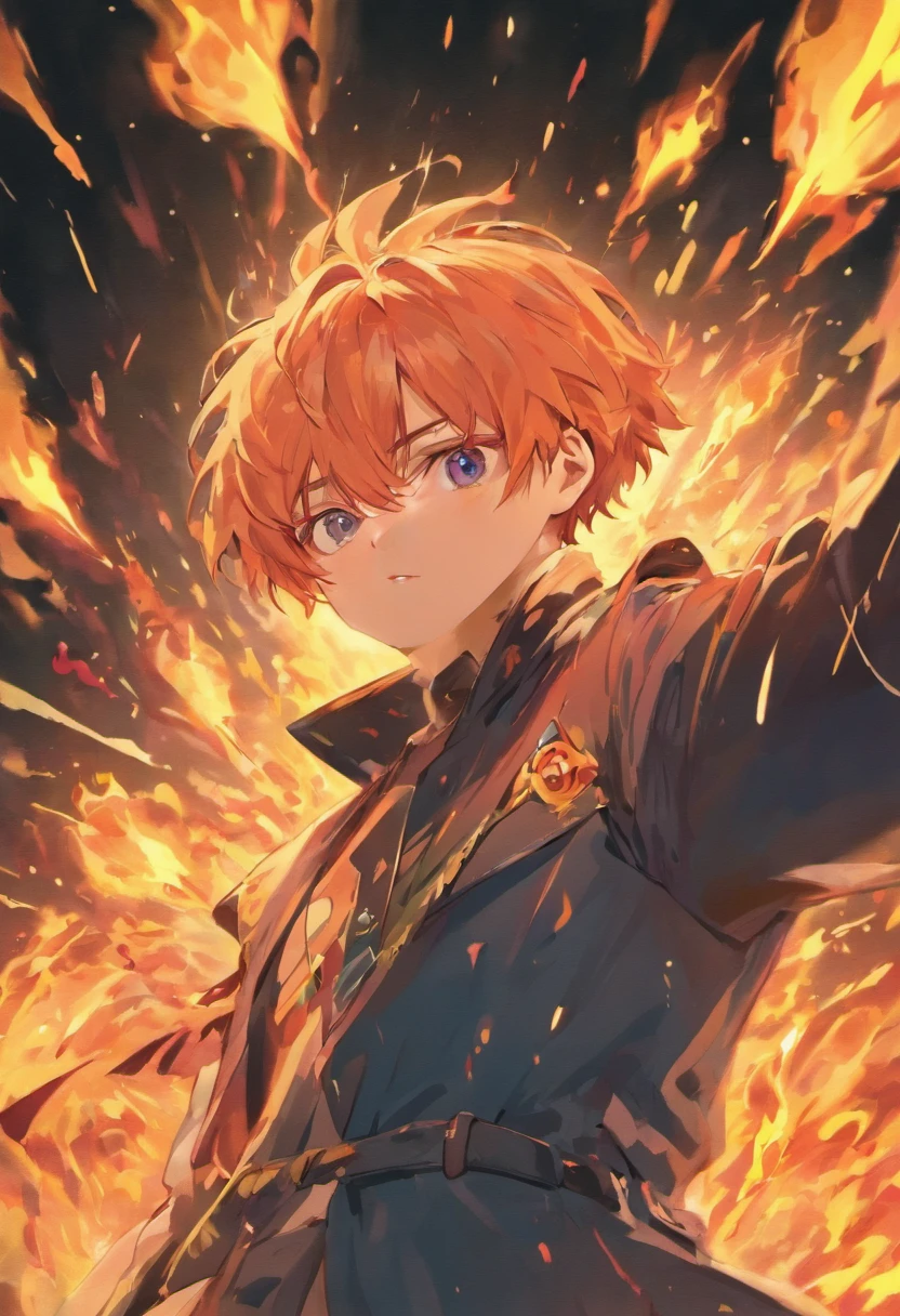 (best quality,4k,Altas,master part:1.2),ultra-detalhado,Realistic,retrato,homem de cabelos cacheados,sentado atentamente,Olhando para um papel,That's on fire all around Lots of flames and ghosts