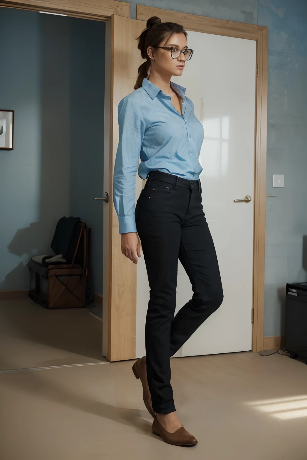 (best quality,highres,realistic:1.37),woman in the office,hair tied in a ponytail [,mature],brown hair,square glasses,suede shoes,black jeans,light blue shirt,[contemporary painting style],rendered lighting