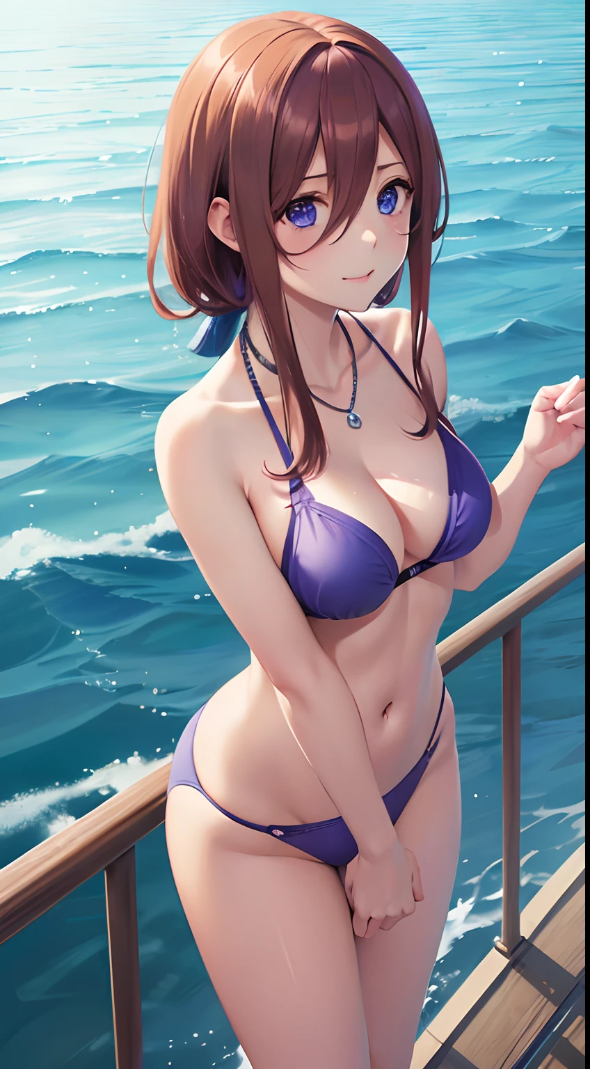 ((masutepiece)), ((Best Quality)), (Ultra-detailed), ((kawaii)), Cute, (lovely), ((Sexy)), (Ero), ((Extremely detailed)), 4K, (8K), Best Quality, (Beautiful), Anime style, Dynamic Angle, Upper body, Colorful, full body focus, Beach, Pool, Beautiful sky, Daytime, Summer, s, 1girl in, Solo, maikurobikini, Beautiful light brown hair, Beautiful purple eyes, ((Beautiful eyes)), White-skinned, Ponytail, Transparent hair, translucent hair, large full breasts, Necklace, lightsmile, Lens Flare, Wind-effect, shiny-glistening, gleaming, wetted by water, reflection effect