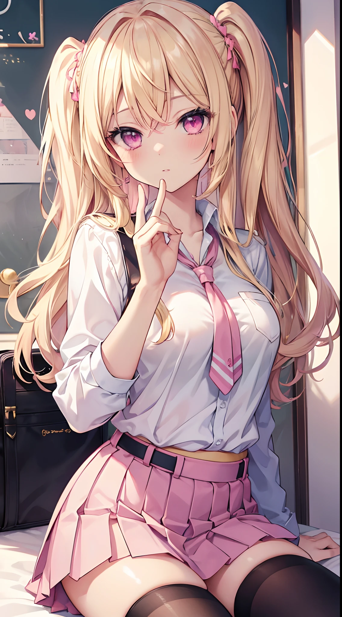 masterpiece, high quality, 1girl, gyaru, blonde hair, pink eyes, school uniform, thighhighs, pink bra