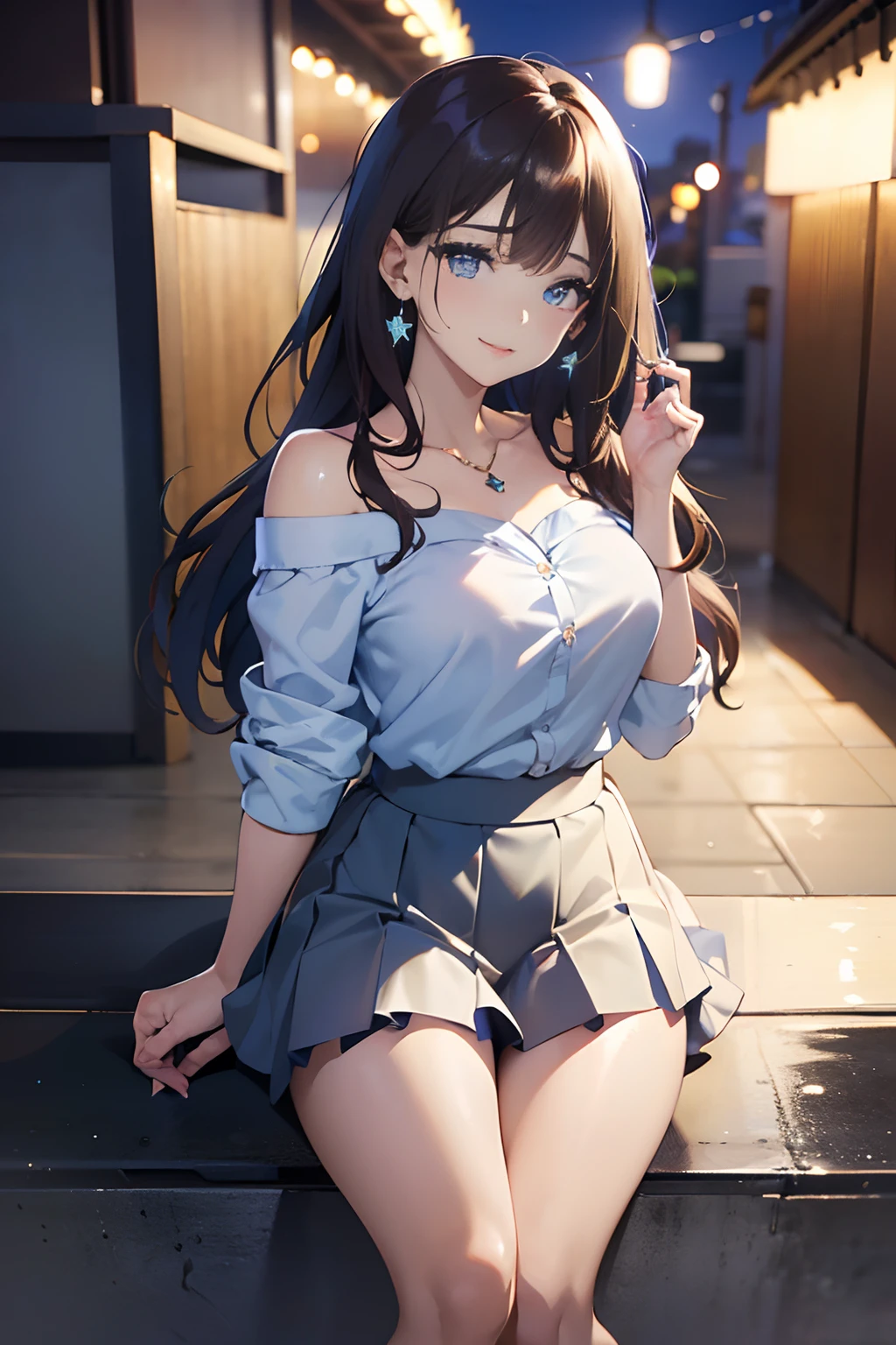 (masutepiece: 1.3), (max resolution: 1.2), (Ultra HDTV: 1.2), cinema lite, Ultra HDTV, (Detailed eyes and skin), (detailed facial features), ultgp, 8K resolution, Sharp Focus: 1.2, Perfect Style, Beautiful Face, accurate, Anatomically correct, Highly detailed face and skin texture, Detailed eyes, Dark-blue eyes, Double eyelids, Thin eyebrows, dropping eyes, (Glitter Eyeliner:1.2), Natural cheeks, Glossy skin, (Fair skin:1.2), shiny necklace and earrings, (Glossy lips: 1.4), break, absurderes, One-person viewpoint, (she is high school Student), (Wearing a Button up shirt, blazer, Pleated mini skirt), ((off-shoulder:1.3)), (shy smile:1.2), ((Innocent and very cute girl:1.3)), (Layered hairstyle, Wavy Hair), (Dark brown hair:1.2), Medium Long Hair, (Full body shot: 1.2), Focus on Face, medium large breasts, ((sexy pose on Instagram:1.2)), ((In the School Rooftop at night)),