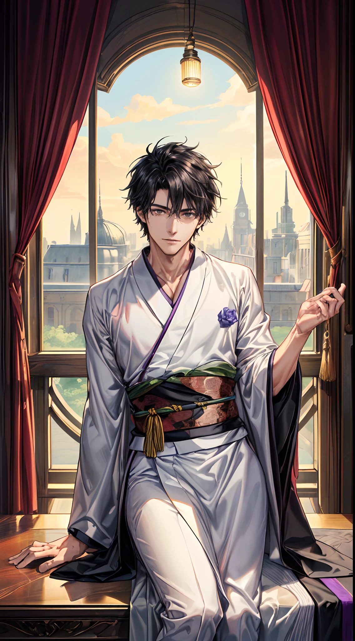 ((Masterpiece, hiquality, absurdress), 1male, black hair, Short hair, straight, gray eyes, a perfect face, the perfect body, sports body, male focus , Male body, 独奏, Detailed eyes and face, For a photo shoot, I suggest an outfit, which showcases her beauty and sensuality. Slim-fitting kimono in bright color, For example, red or purple, will be perfect, highlighting its curves and drawing attention to its virtues. As for the location, A luxurious hotel room or a private villa will create the desired atmosphere. The lights should be dimmed, casting a warm glow on her body, And there should be a lot of soft tissues, For example, silk sheets or curtains, to add texture and depth to images. The photographer should focus on what, A what, A what, A what, A what, A what, A what, To convey confidence and charm, emphasizing their status as desirable and desirable