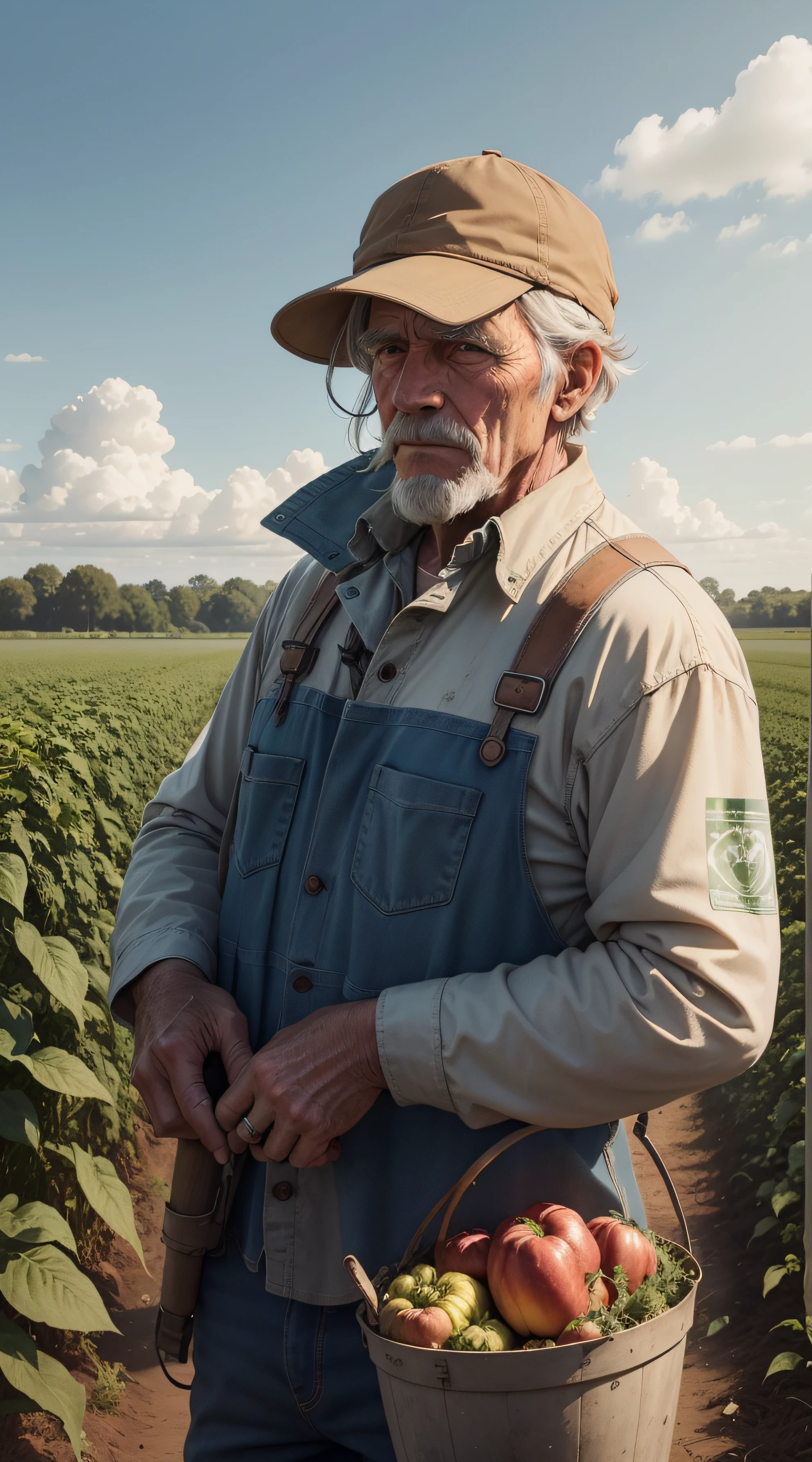 An Old Farmer in a Dystopian Future, struggles to produce food on the crop, controlled by large corporations, We have to deal with chemical pesticides and a lack of natural resources, Dreaming of simpler and more sustainable times.