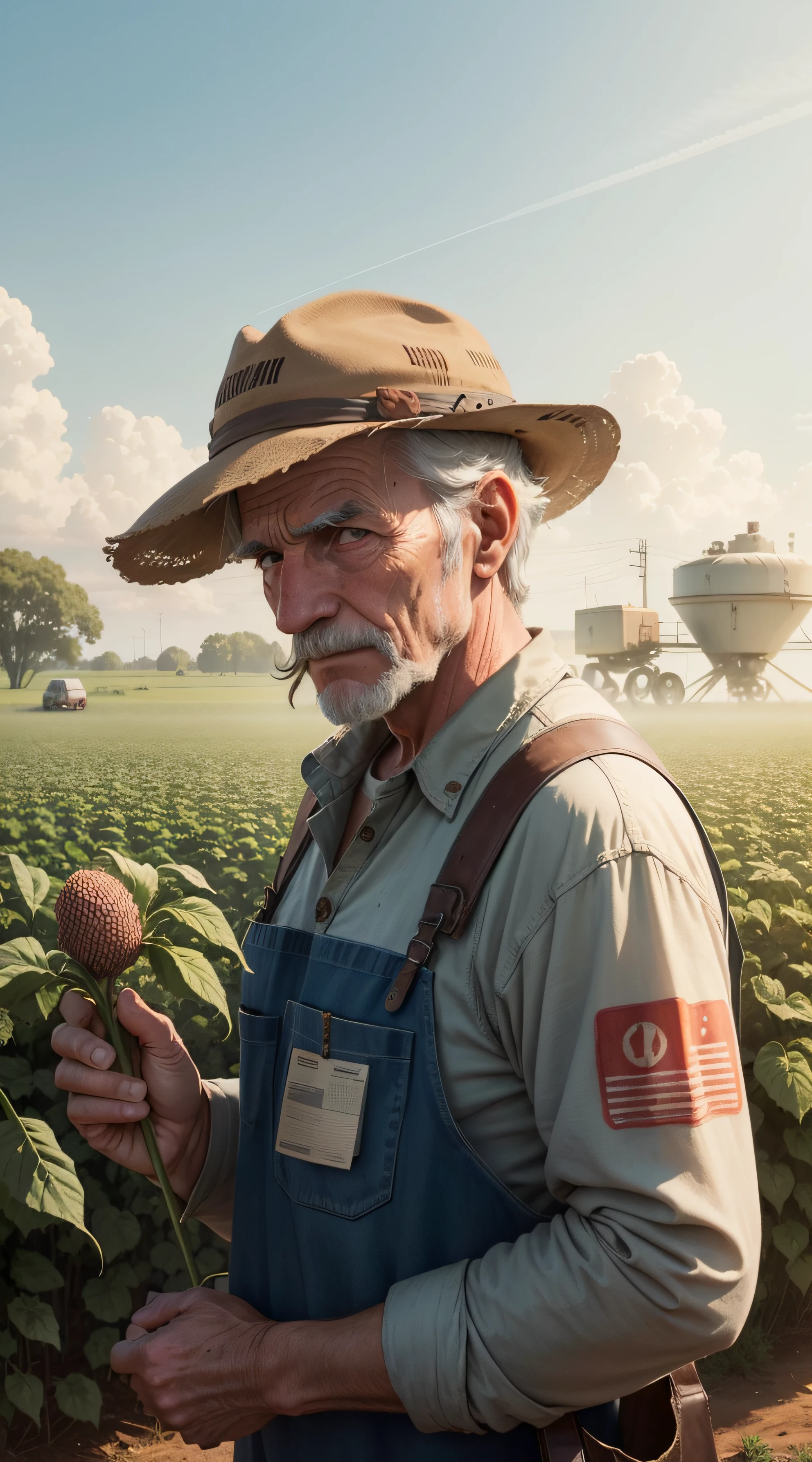 An Old Farmer in a Dystopian Future, struggles to produce food on the crop, controlled by large corporations, We have to deal with chemical pesticides and a lack of natural resources, Dreaming of simpler and more sustainable times.