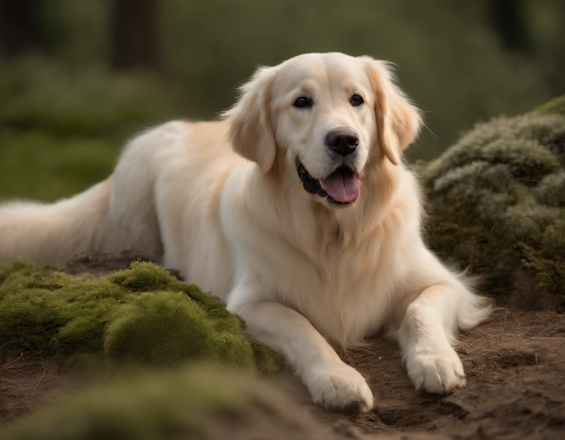 creme weisser Golden Retriever, Jung, Very Fine, very cheerful, in den bergen, (weisses fell:1.4), 8K, Extrem realistisch, gespannt, warm, Highly detailed, scharf, Professionell, 8K UHD