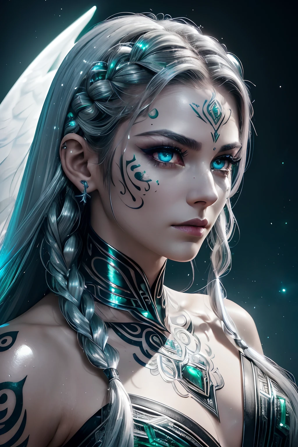 (metallic shiny silver white braided hair,glowing deep emerald eyes,warrior:1.1,high warlock,female), (detailed shoulders and face tattoo:detailed,high cheekbones),(strong expression),(angelic,ethereal:1.2),(best quality,4k,highres:1.1),(vivid colors),(sharp focus), (studio lighting)