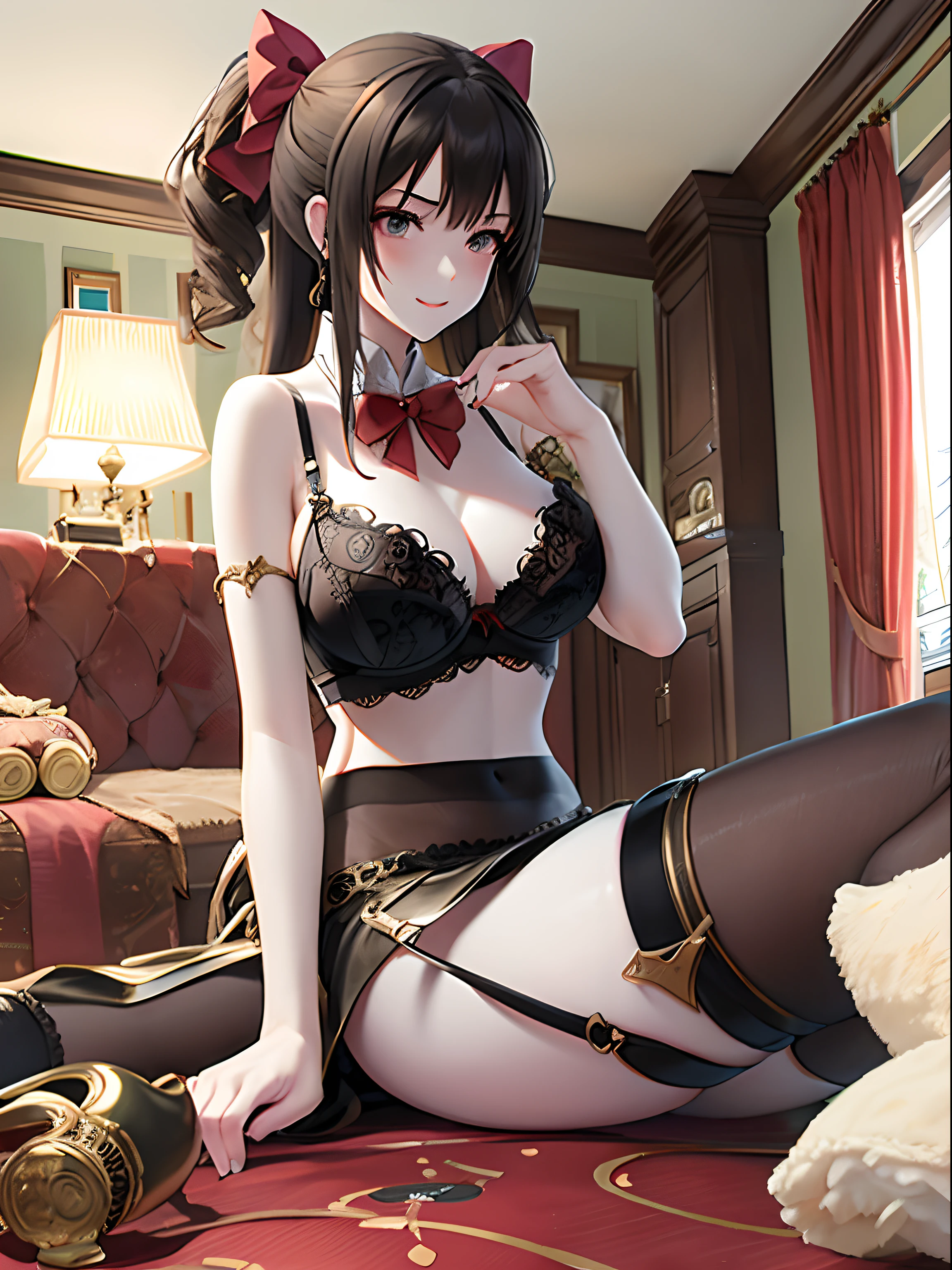 (top-quality: 1.3)、(masterpiece: 1.3)、(The ultra-detailliert: 1.3)、(wall-paper, one girls)、(Black bra:1.3)、(Black Mini Flared Skirt:1.3)、(Brown pantyhose:1.3)、Red bow tie、(Brown hair:1.3)、Medium Hair、poneyTail、(Beautiful Large Breasts:1.3)、Luxurious living room、ssmile、sexypose、Luxurious sofa、Sit up、blushing