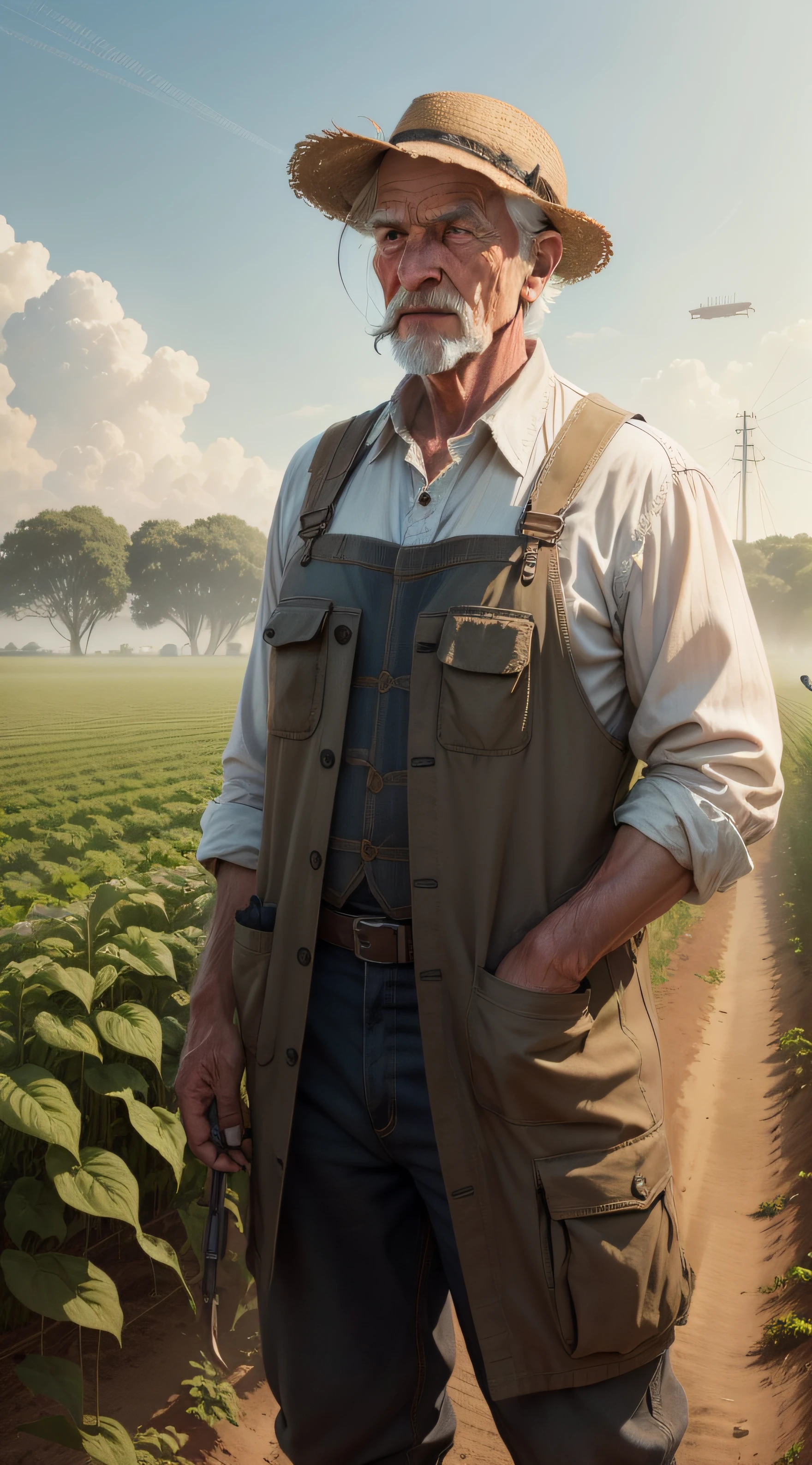An Old Farmer in a Dystopian Future, struggles to produce food on the crop, controlled by large corporations, We have to deal with chemical pesticides and a lack of natural resources, Dreaming of simpler and more sustainable times.