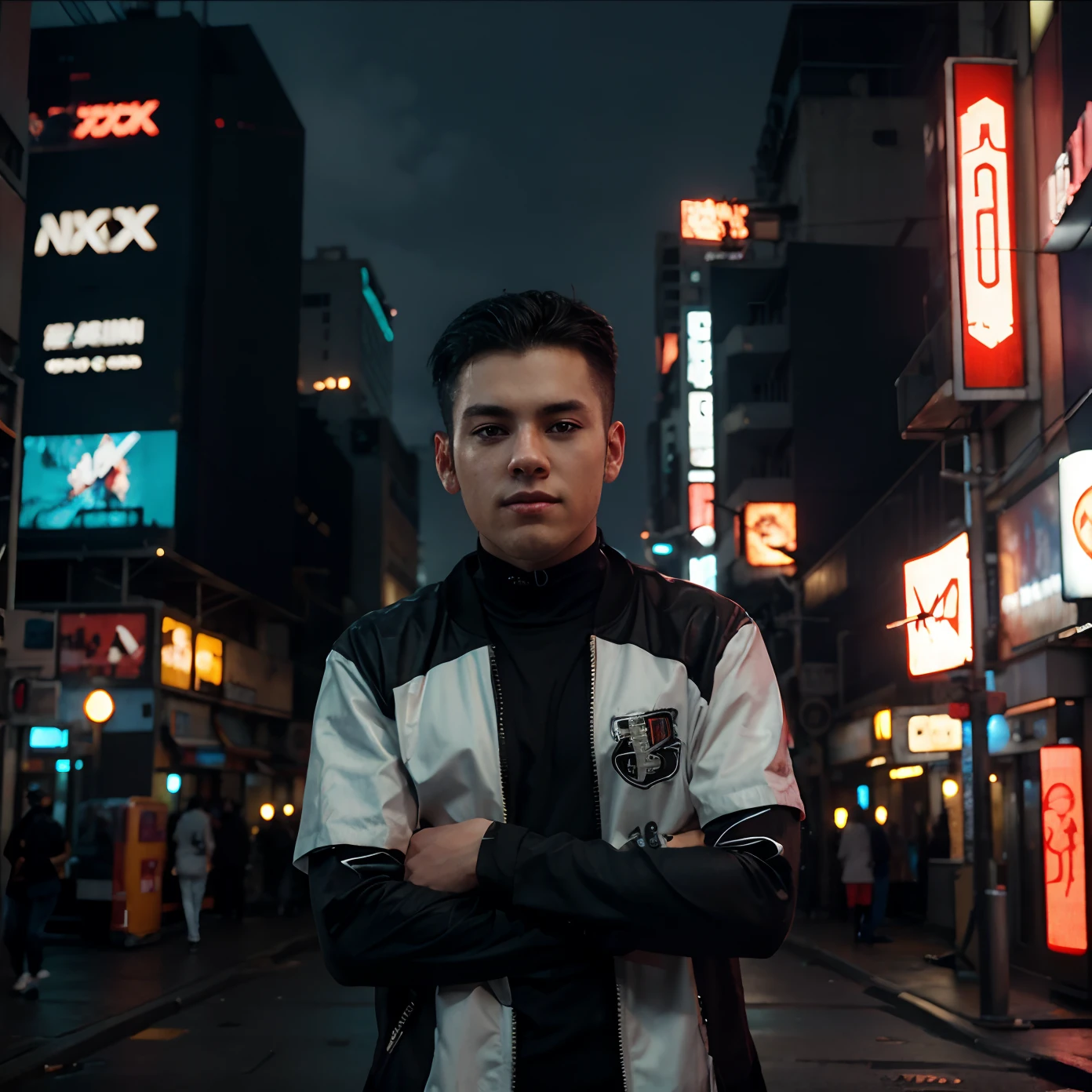 Change background cyberpunk city, gaming profile, handsome boy