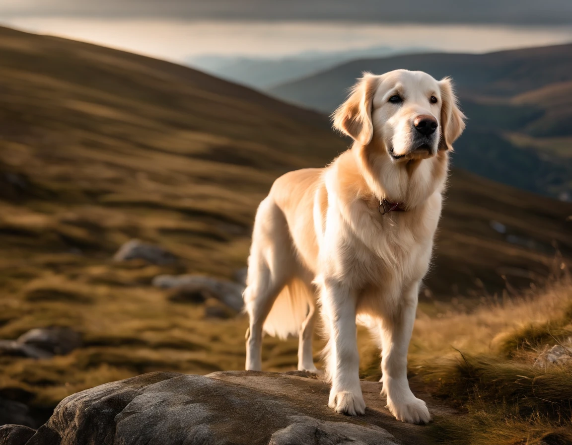 creme weisser Golden Retriever, Jung, Very Fine, very cheerful, in den Alpen, (weisses fell:1.4), 8K, Extrem realistisch, gespannt, warm, Highly detailed, scharf, Professionell, 8K UHD