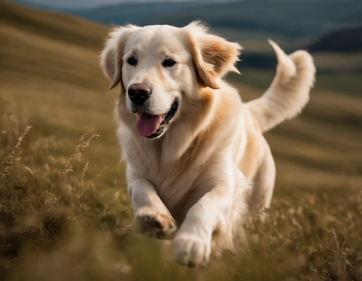 creme weisser Golden Retriever, Jung, Very Fine, very cheerful, in den Alpen, (weisses fell:1.4), 8K, Extrem realistisch, gespannt, warm, Highly detailed, scharf, Professionell, 8K UHD