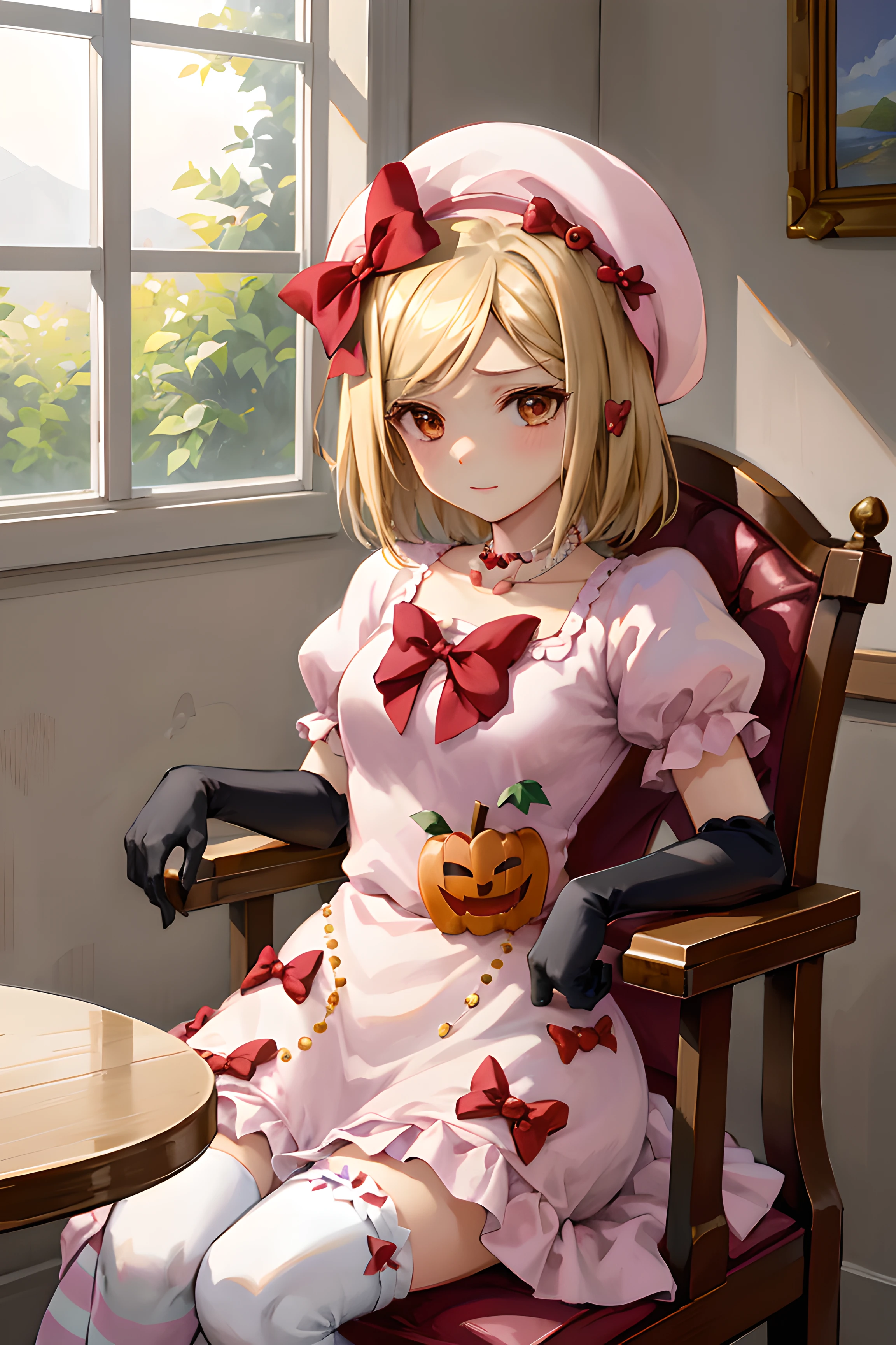 (masterpiece),(best quality), lambdadelta, dress, striped stockings, pearl, red bow, pink hat, pumpkin brooch, necklace, gloves, upper body, empty eyes, blank eyes, table, tea cup, tea, steam, window, chair, sitting, sunlight, looking at the viewer