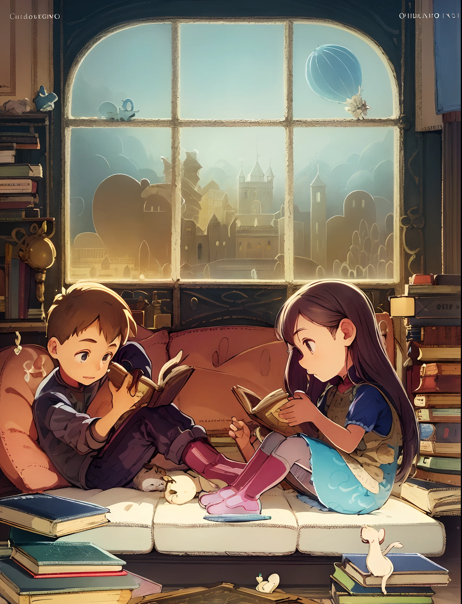 A cartoon drawing of a girl and boy sitting on a sofa, ventana con fondo de castillo de dragon, ratones con libros Arte publicado, story book illustration, full page illustration, , Illustration of the entire page, storybook illustation, story book illustration, Dibujo de libros infantiles, kids book illustration, A storybook illustration