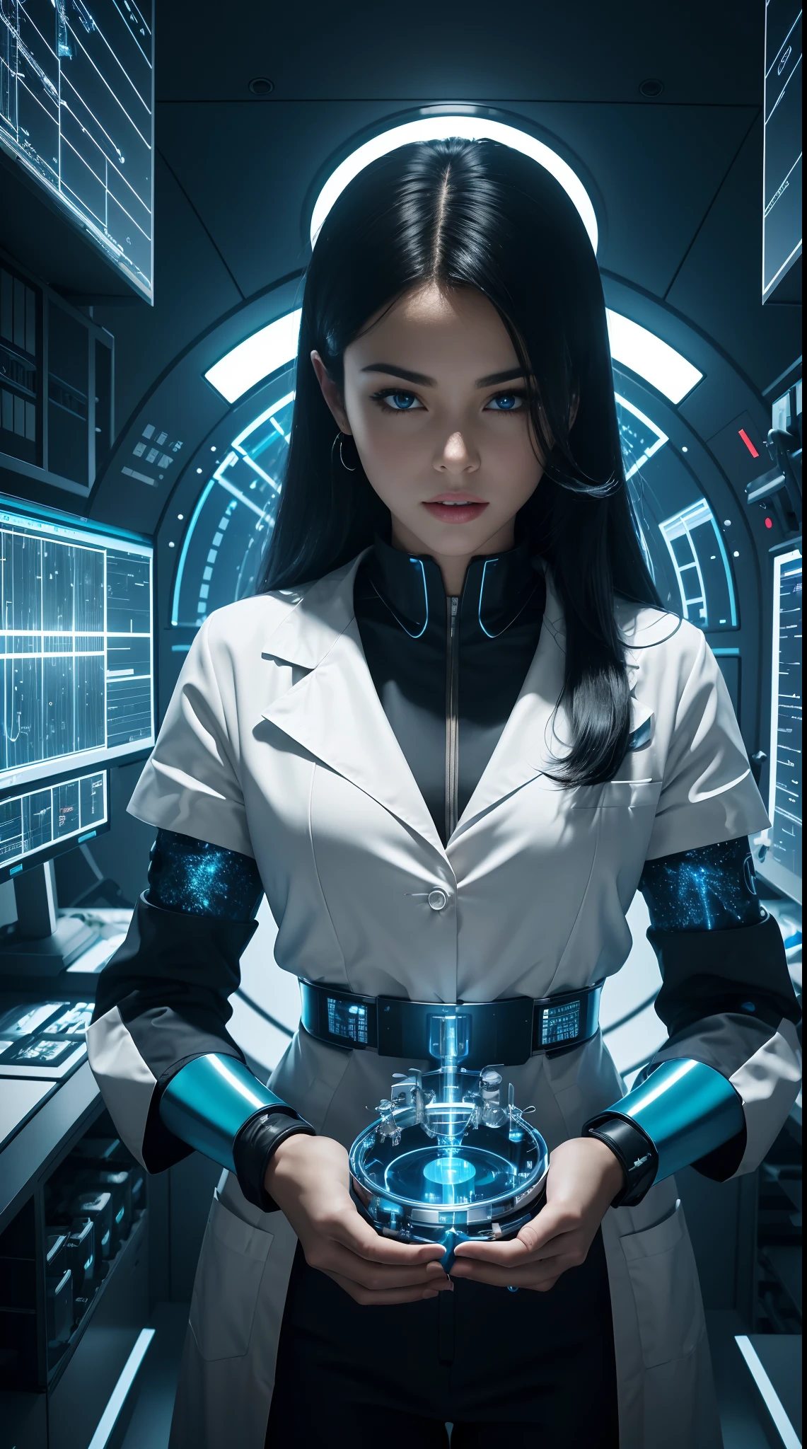 (best quality,ultra-detailed), (realistic:1.37), A scientist with long black hair, beautiful detailed eyes, and lips, wearing a futuristic white and gold lab coat, in a high-tech laboratory. The lab coat has intricate patterns and metallic accents that shimmer under the studio lighting. The scientist is holding a microscope and observing a sample under the powerful lenses. The lab is filled with advanced scientific equipment, monitors displaying complex data, and glowing futuristic displays. The scientist's face shows focused concentration as they make groundbreaking discoveries. The color palette of the image is a mix of cool metallic tones and vibrant pops of blue indicating advanced technology. The lighting is professional and emphasizes the intricate details of the lab and the scientist's appearance.