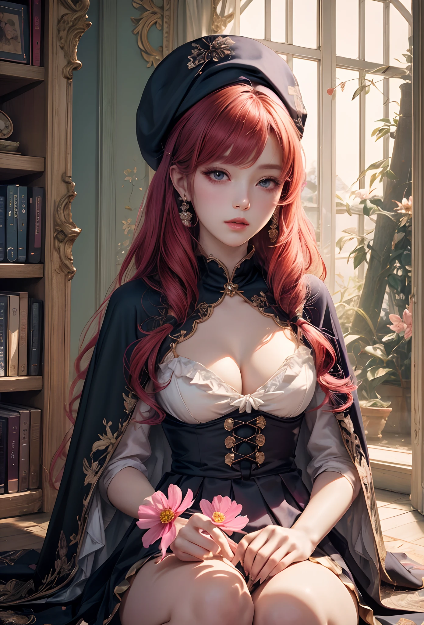 (Detailed illustrations,Very detailed and detailed drawing,Delicate lines with slow and rapid,Realistic texture expression),[Color tressed main line],[Autumn Park [tree-lined street](Colored leaves)],[HENTAI] kawaii ((anime) tareme Girl (Pretty) 14years [SKINNY [large full breasts]]) (Crimson hair [Bangs parted in the middle [Hair collection]]) ((magical  girl)),((Cosmos flower) beret) (High collar cape (Ren Hao (frilld) bow ribbon) [Salopette] [Color stockings] [stall] [Silk Fabric]),Transparency [Soft ambient light] gravure [[Unhappy]][Colorful],(Intricate and beautiful decoration [Dense detail]),(Fine and beautiful skin expression [Transparency]),[Perfect eye details (Iris beautifully drawn in every detail)[Jewel-like eyes]],[long and beautiful eyelashes],[Meticulously drawn hair [More on beautiful and shiny hair]],(Perfect hand details [Beautiful fingers without breakdowns [Beautiful nails]]),(Perfect Anatomy (Perfectly proportioned)) [[Full body like]],[Ideal color coordination(Accurate simulation of light-material interactions)],(HighQuality,[Precision Detail] hight resolution,(detaileds,high-detail)),[[Pale and gentle colors]][Visual art that conveys a sense of narrative] [[Eros in the Natural Body]].