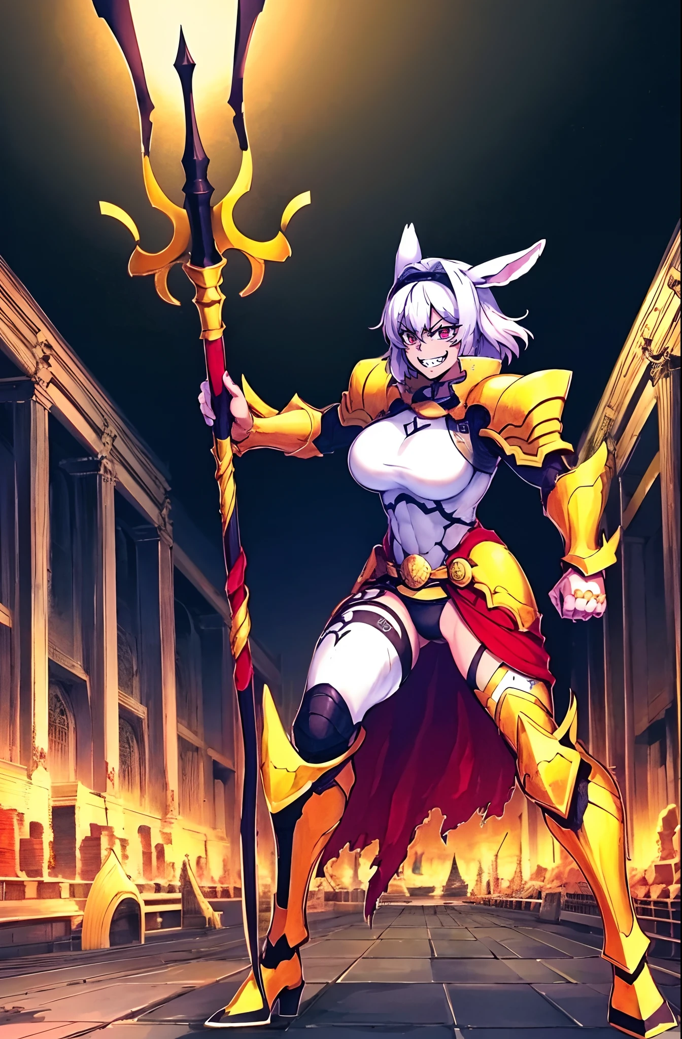 4k, highly detailed, anime style, HDR, subsurface scattering, in a temple, temple being destroyed, Greek temple on fire background, (masterpiece, best quality:1.2), caenis,( fgo stage 3), 1girl, big breasts, looking at fires, smile, short hair, white hair, bangs, red eyes, animal ears, open clothes, hairband, grin, (gold armor), body markings, white nails, epic scene, tall girl,full body, darskinned-female, , standing, musclegirl, forest, staff holding, posing, sharpteeth, crazy smile