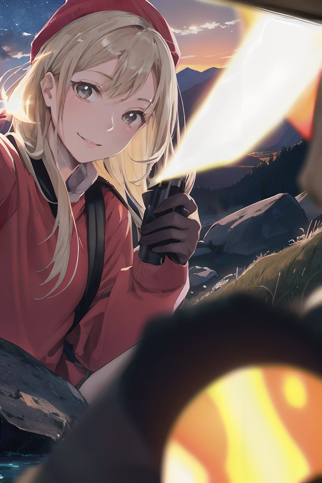 VeronicaCipher ((upper body selfie, happy)), masterpiece, best quality, ultra-detailed, solo, outdoors, (night), mountains, nature, (stars, moon) cheerful, happy, backpack, sleeping bag, camping stove, water bottle, mountain boots, gloves, sweater, hat, flashlight, forest, rocks, river, wood, smoke, shadows, contrast, clear sky, analog style (look at viewer:1.2) (skin texture) (film grain:1.3), (warm hue, warm tone) :1.2), close up, cinematic light, sidelighting, ultra high res, best shadow, RAW, upper body, , wearing pullover
kodak vision 3,